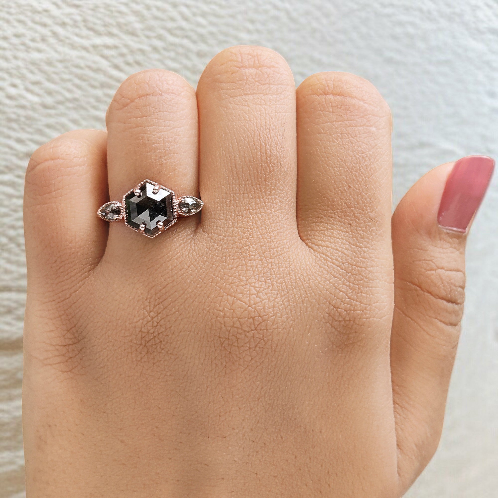 2.45 Ct Natural Hexagon Salt And Pepper Diamond Ring 9.25 MM Hexagon Shape Diamond Ring 14K Solid Rose Gold Silver Engagement Ring QL1092