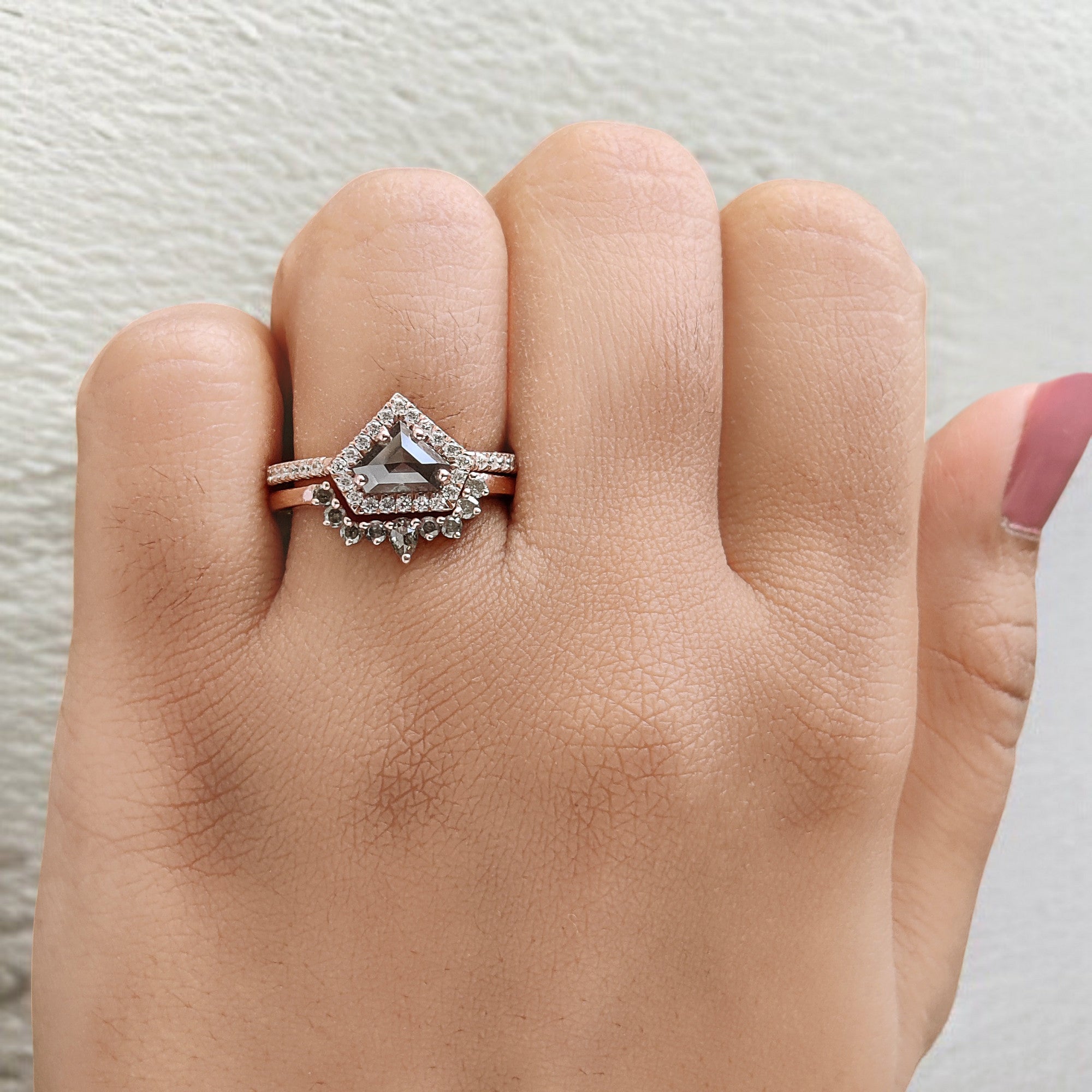 Shield Cut Salt And Pepper Diamond Ring 0.87 Ct 5.39 MM Shield Diamond Ring 14K Solid Rose Gold Silver Engagement Ring Gift For Her QL1942