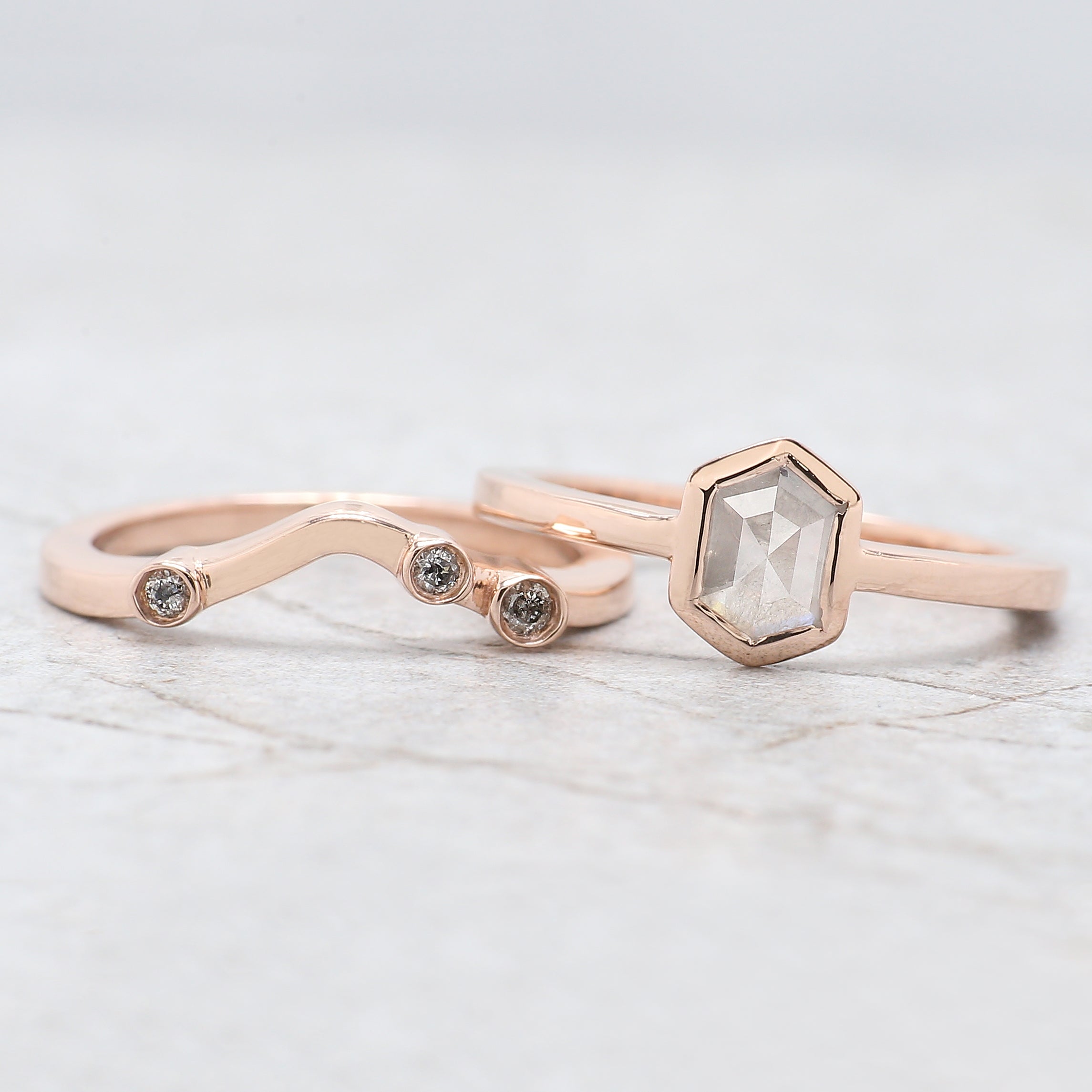 Hexagon Cut Salt And Pepper Diamond Ring 0.76 Ct 6.50 MM Hexagon Cut Diamond Ring 14K Rose Gold Silver Engagement Ring Gift For Her QL1121