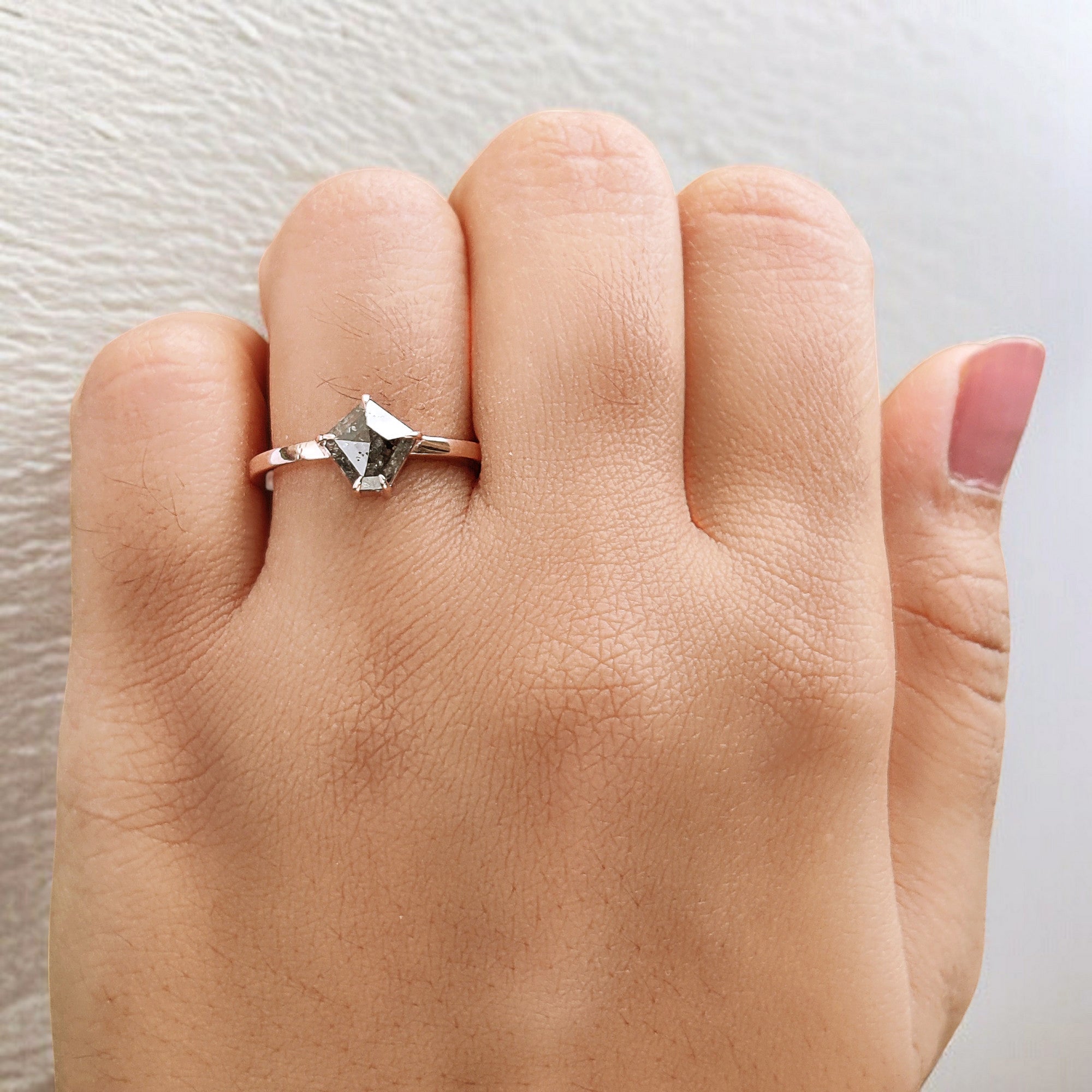 Pentagon Cut Salt And Pepper Diamond Ring 1.10 Ct 7.45 MM Pentagon Diamond Ring 14K Rose Gold Silver Engagement Ring Gift For Her QL601