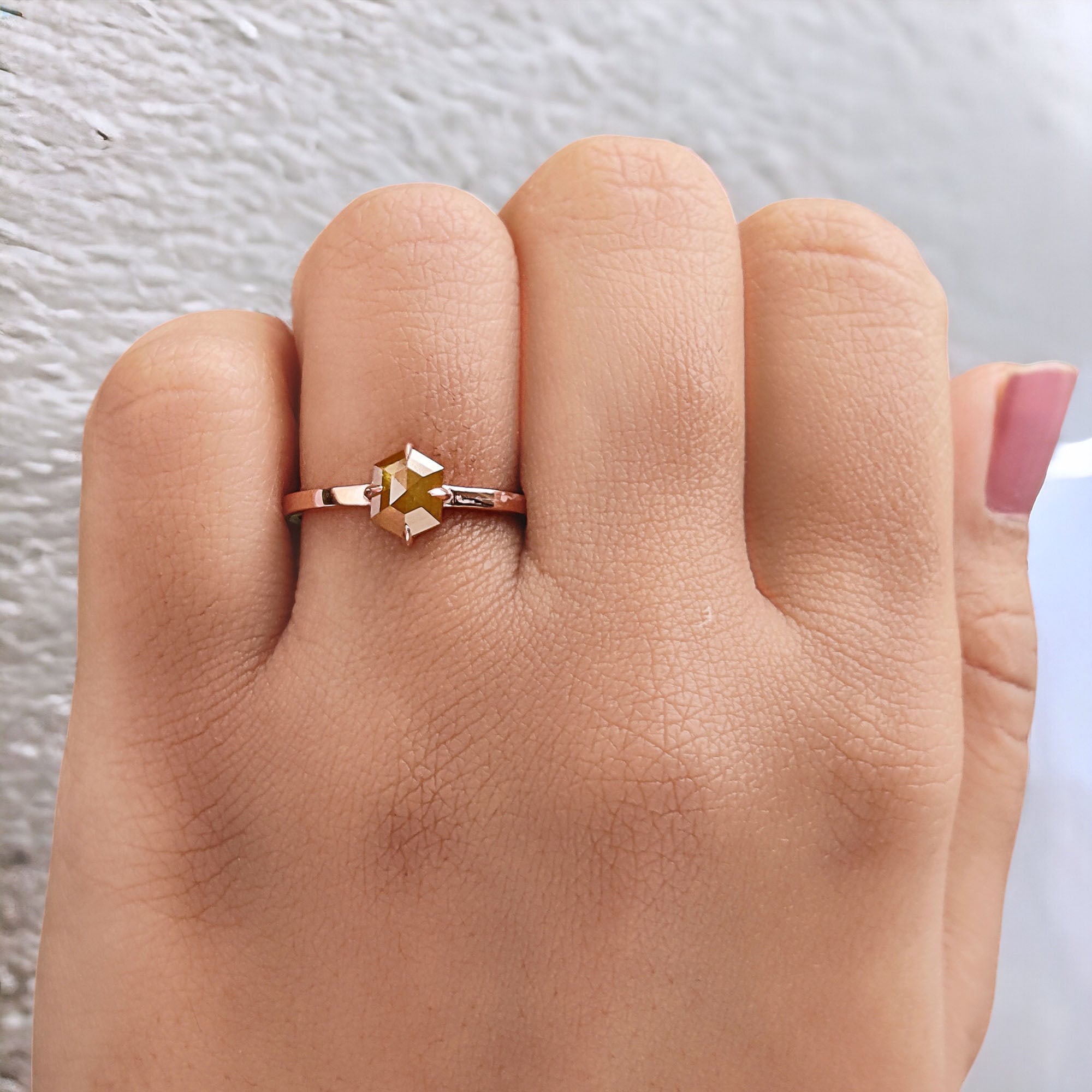 0.90 Ct Natural Hexagon Cut Yellow Color Diamond Ring 6.75 MM Hexagon Shape Diamond Ring 14K Solid Rose Gold Silver Engagement Ring QL9858