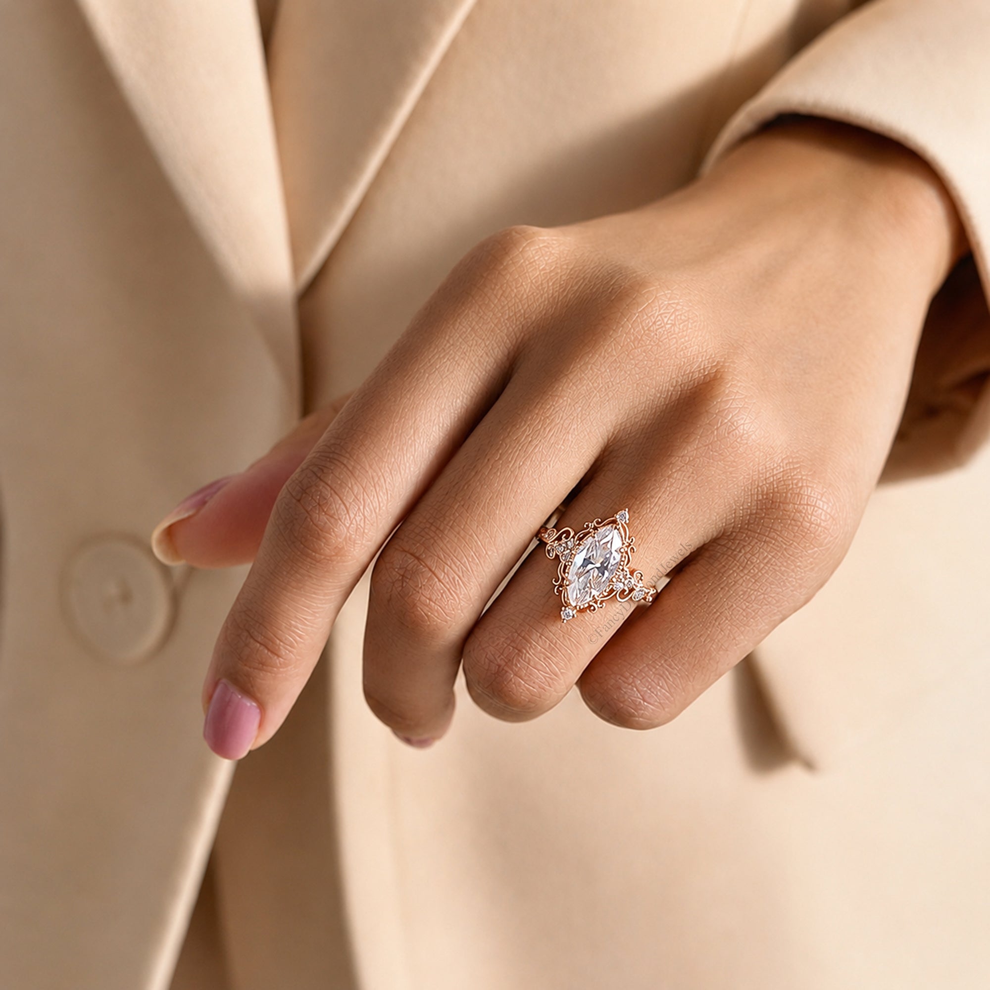 Floral Marquise Cut Moissanite Elegant Ring Nature Inspire Art Deco Engagement Ring in 14K Solid Yellow Gold Ring Unique Bridal Gift FD583