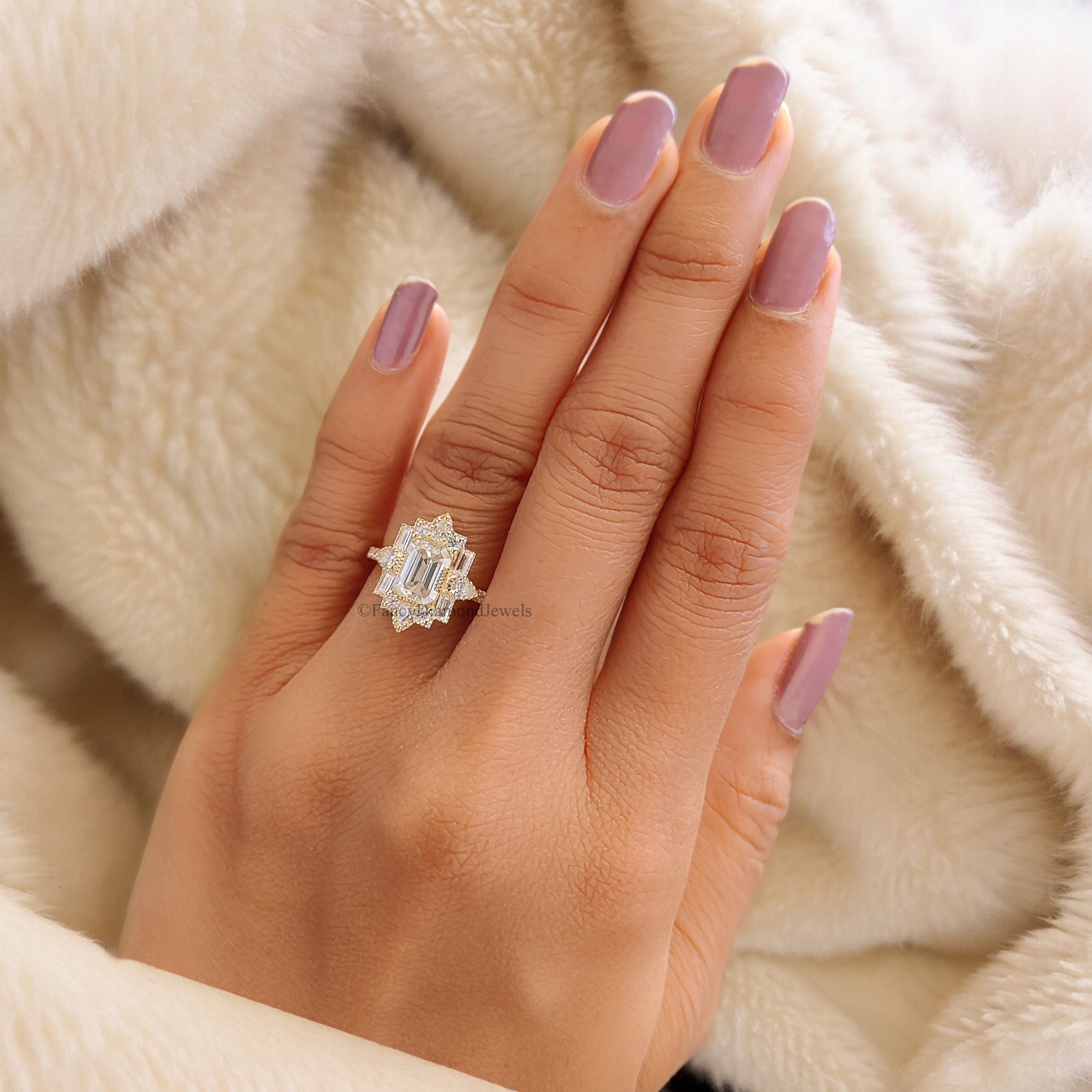 1.00 CT Emerald Cut Vintage Bridal Engagement Ring Baguette wedding ring Unique art deco ring Pear halo ring Starburst ring For Her FD188