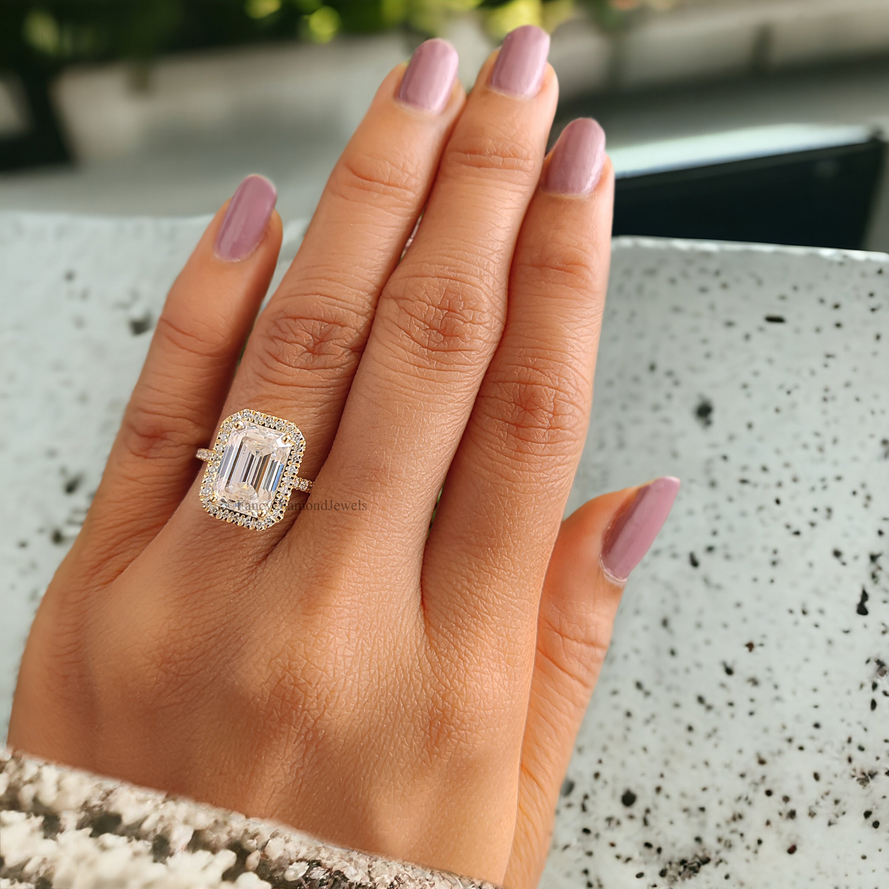 Emerald Cut Colorless Moissanite Engagement Ring 3.00 Ct Solid 14k Yellow Gold Ring Bridal Wedding Ring Halo Set Ring Gift For Her FD212