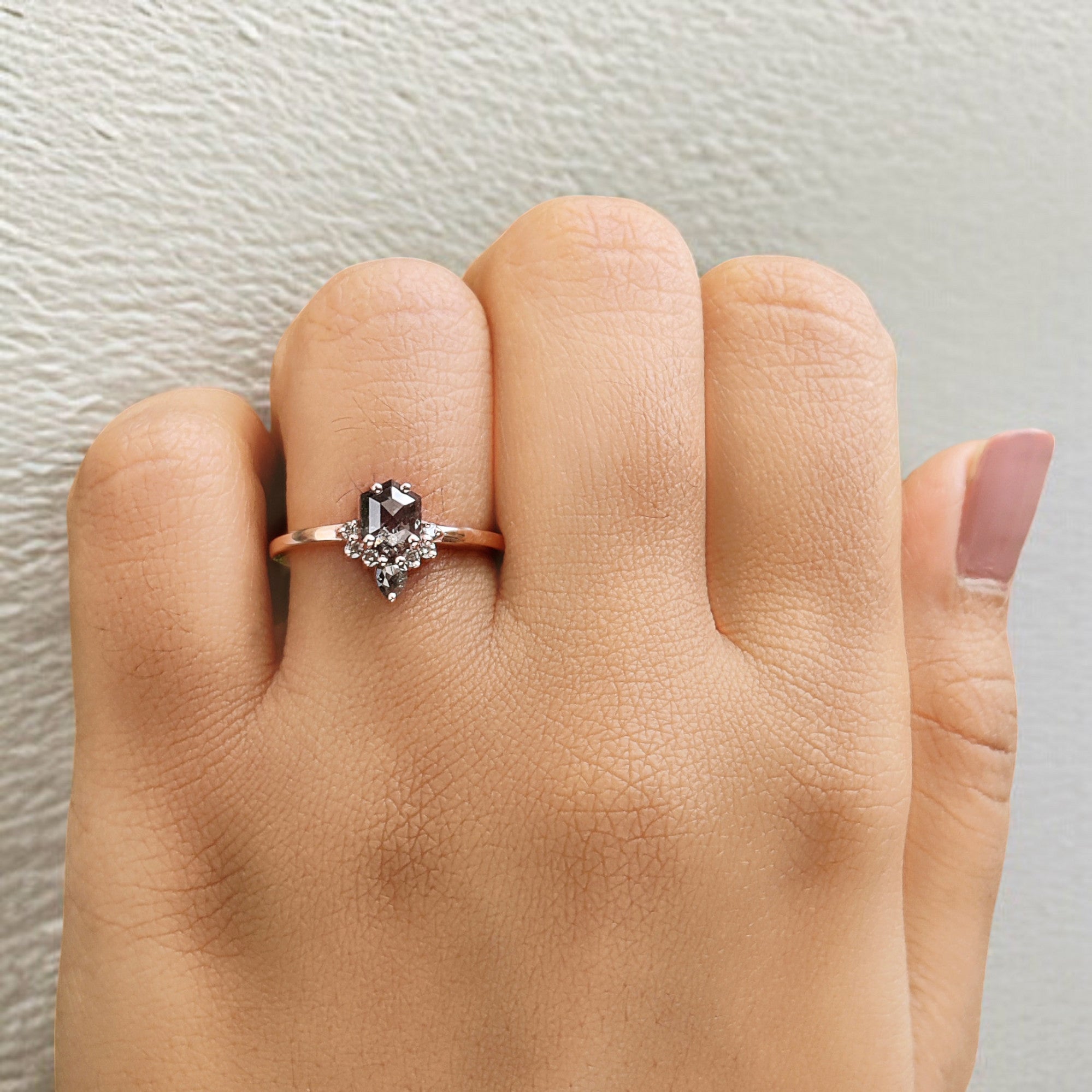 0.69 Ct Natural Hexagon Shape Salt And Pepper Diamond Ring 6.00 MM Hexagon Cut Diamond Ring 14K Solid Rose Gold Silver Engagement Ring QN849