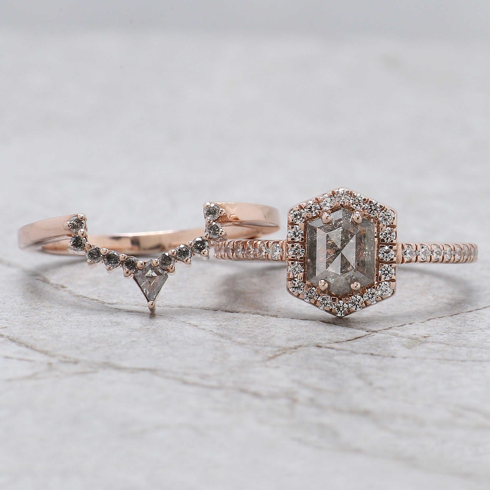 Hexagon Cut Salt And Pepper Diamond Ring 0.88 Ct 6.55 MM Hexagon Diamond Ring 14K Solid Rose Gold Silver Engagement Ring Gift For Her QN1460