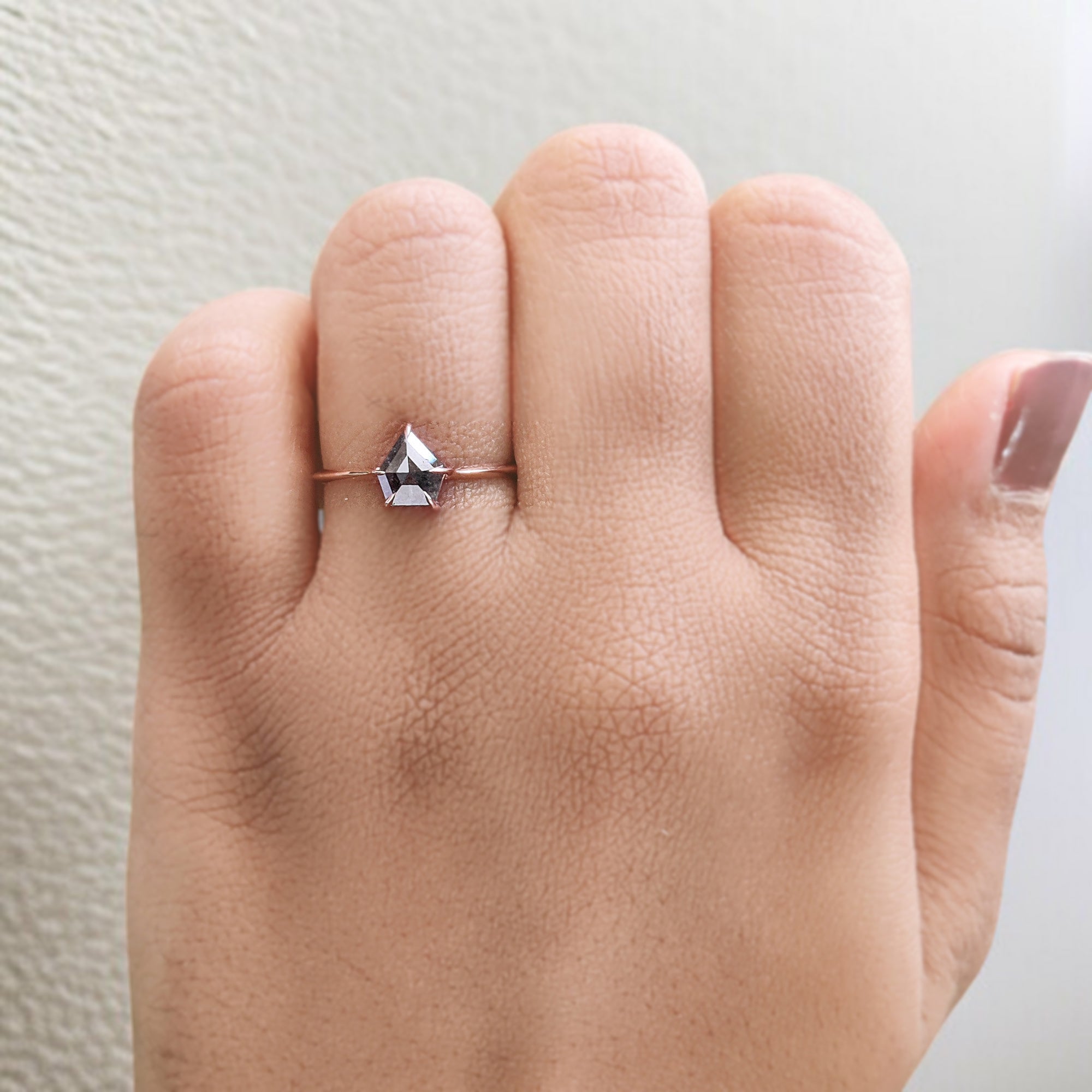 0.80 Ct Natural Shield Shape Salt And Pepper Diamond Ring 6.60 MM Shield Cut Diamond Ring 14K Solid Rose Gold Silver Engagement Ring QL7662