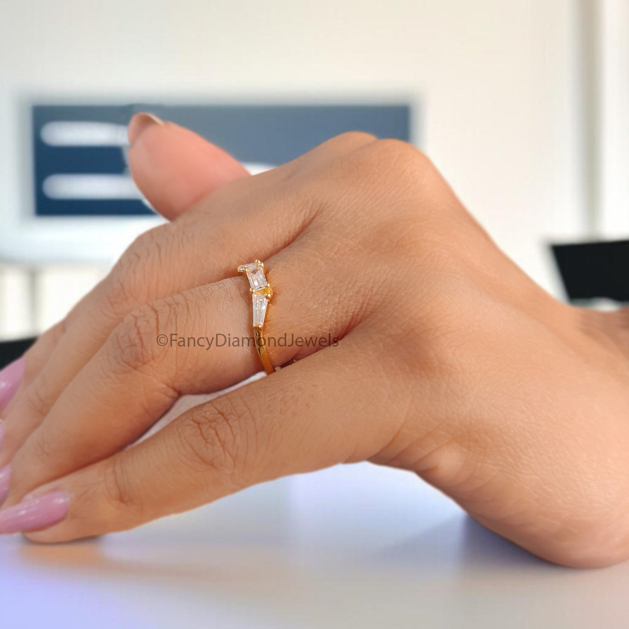 Baguette / Tapper Baguette Cut Wedding Band Yellow Gold Unique Anniversary Curved Wedding Band Vintage Stacking Matching Gift For Her FD530