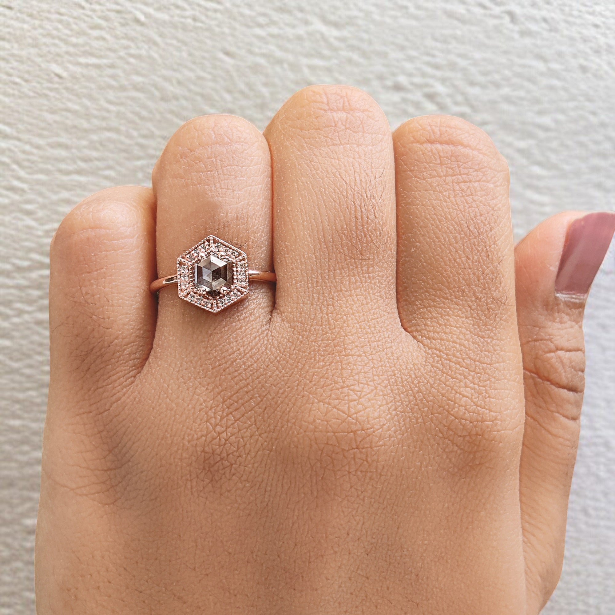 Hexagon Cut Salt And Pepper Diamond Ring 0.77 Ct 5.94 MM Hexagon Diamond Ring 14K Solid Rose Gold Silver Engagement Ring Gift For Her QL9543