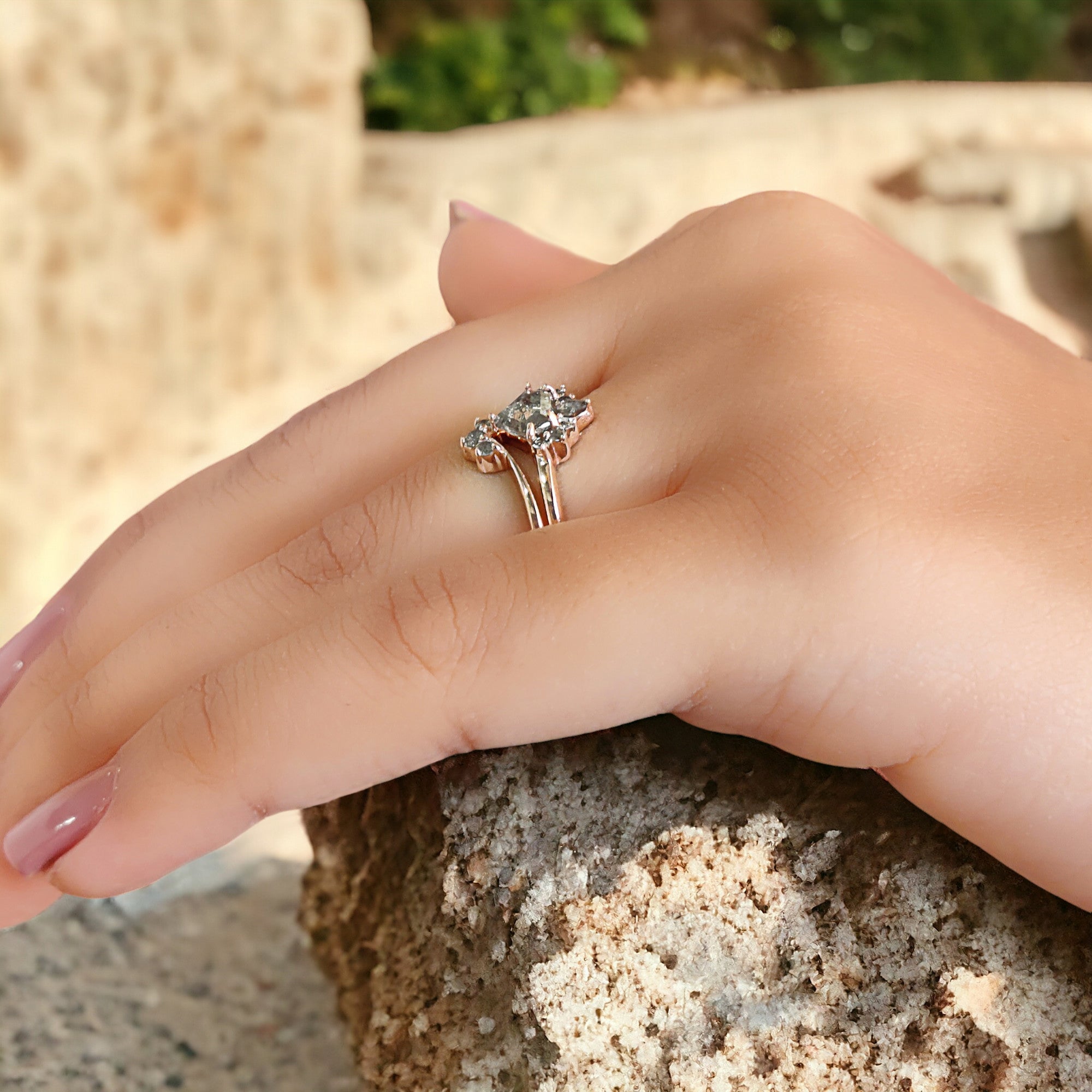 Shield Cut Salt And Pepper Diamond Ring 0.58 Ct 5.10 MM Shield Diamond Ring 14K Solid Rose Gold Silver Engagement Ring Gift For Her QN1261