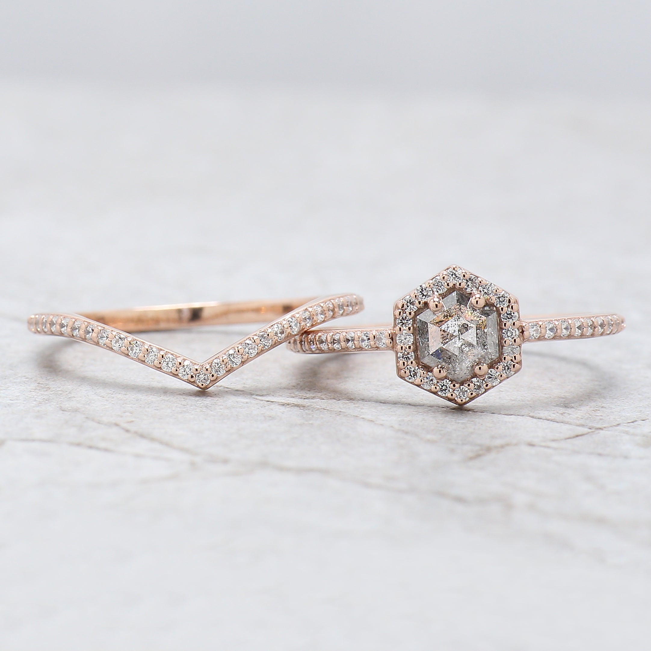 Hexagon Salt And Pepper Diamond Ring 0.58 Ct 5.45 MM Hexagon Cut Diamond Ring 14K Solid Rose Gold Silver Engagement Ring Gift For Her QN536