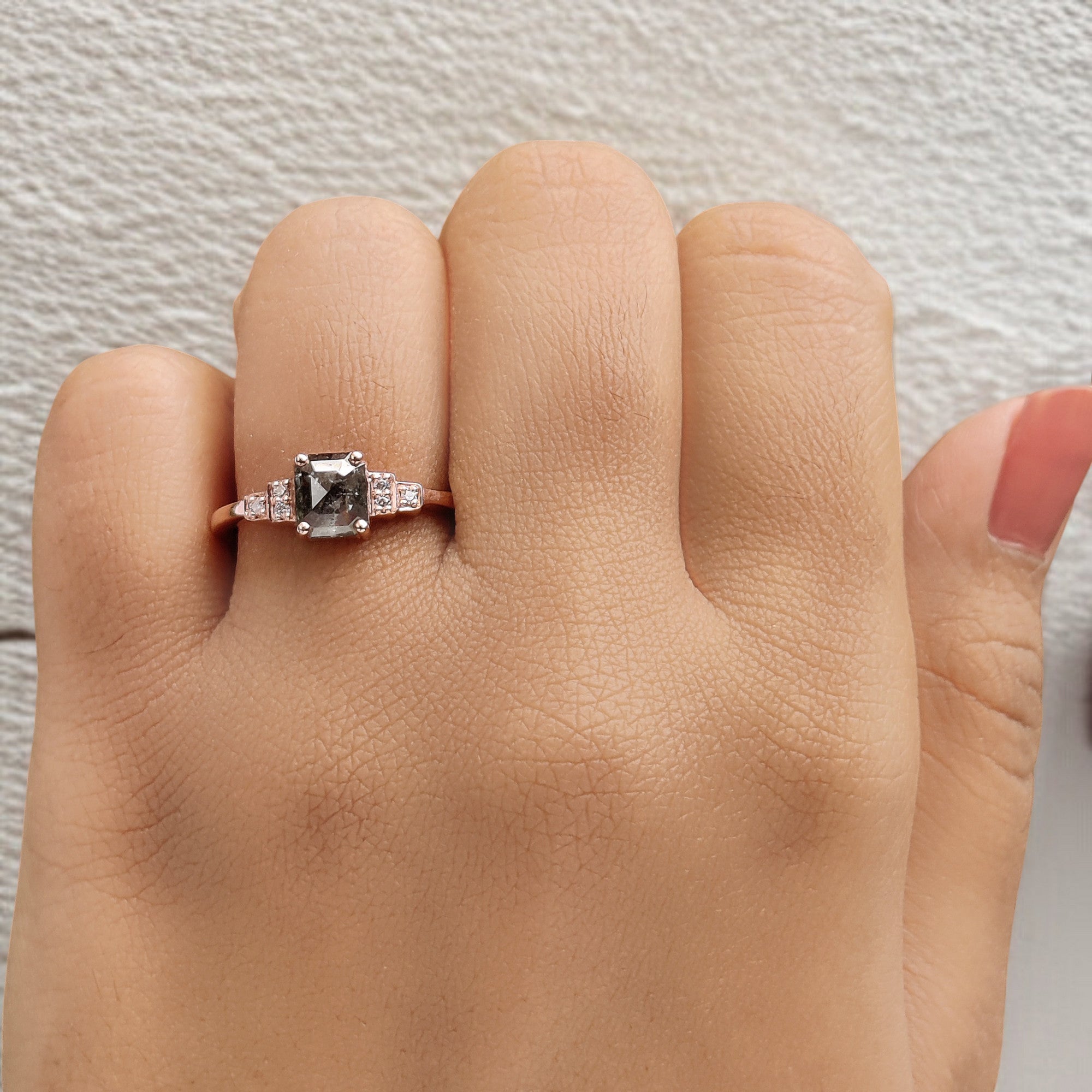 Emerald Salt And Pepper Diamond Ring 0.96 Ct 6.25 MM Emerald Diamond Ring 14K Solid Rose Gold Silver Engagement Ring Gift For Her QL1205