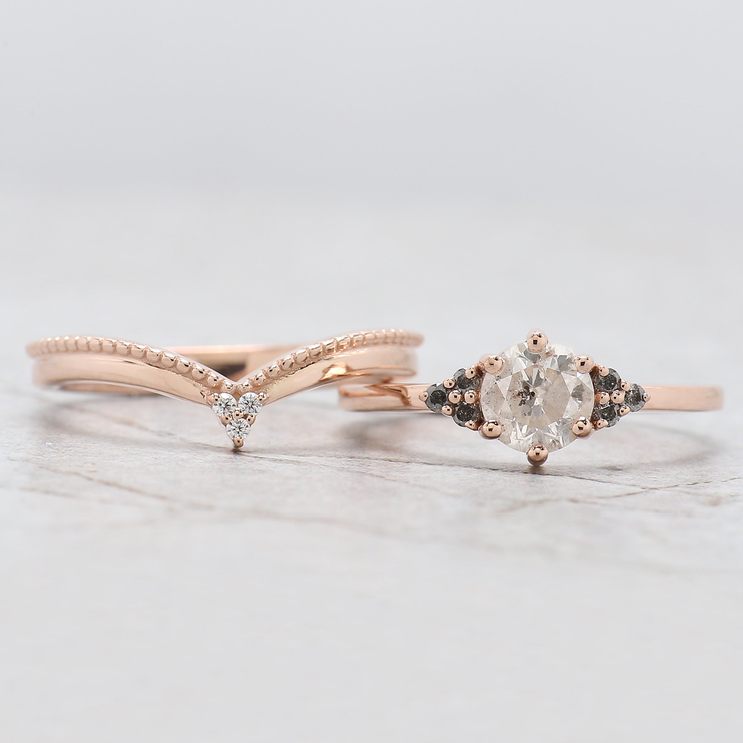 Round Cut Salt And Pepper Diamond Ring 0.73 Ct 5.60 MM Round Diamond Ring 14K Solid Rose Gold Silver Engagement Ring Gift For Her QN8155