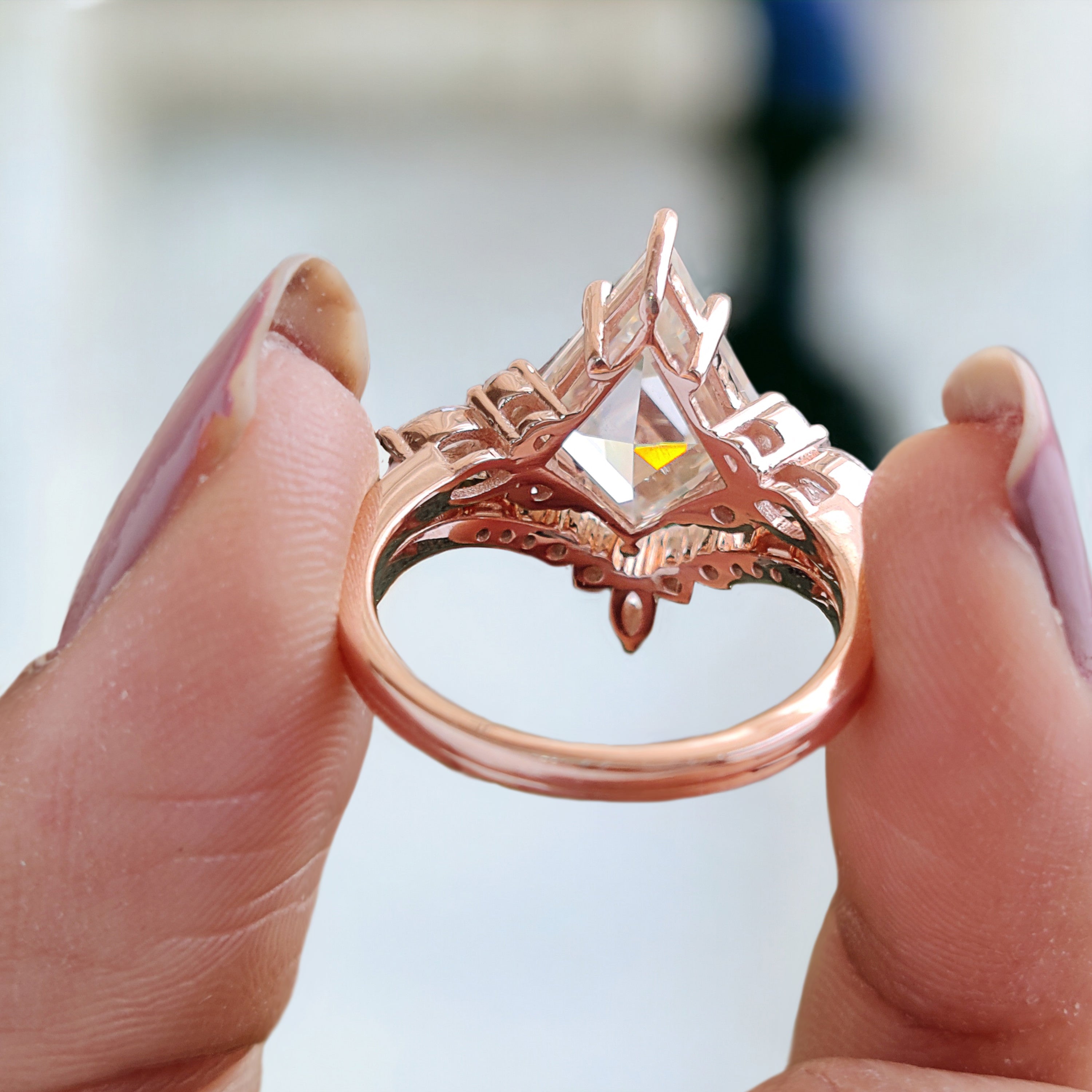 Vintage kite cut Moissanite engagement ring set 14k rose gold marquise cut moissanite ring for women unique bridal wedding ring set FD185