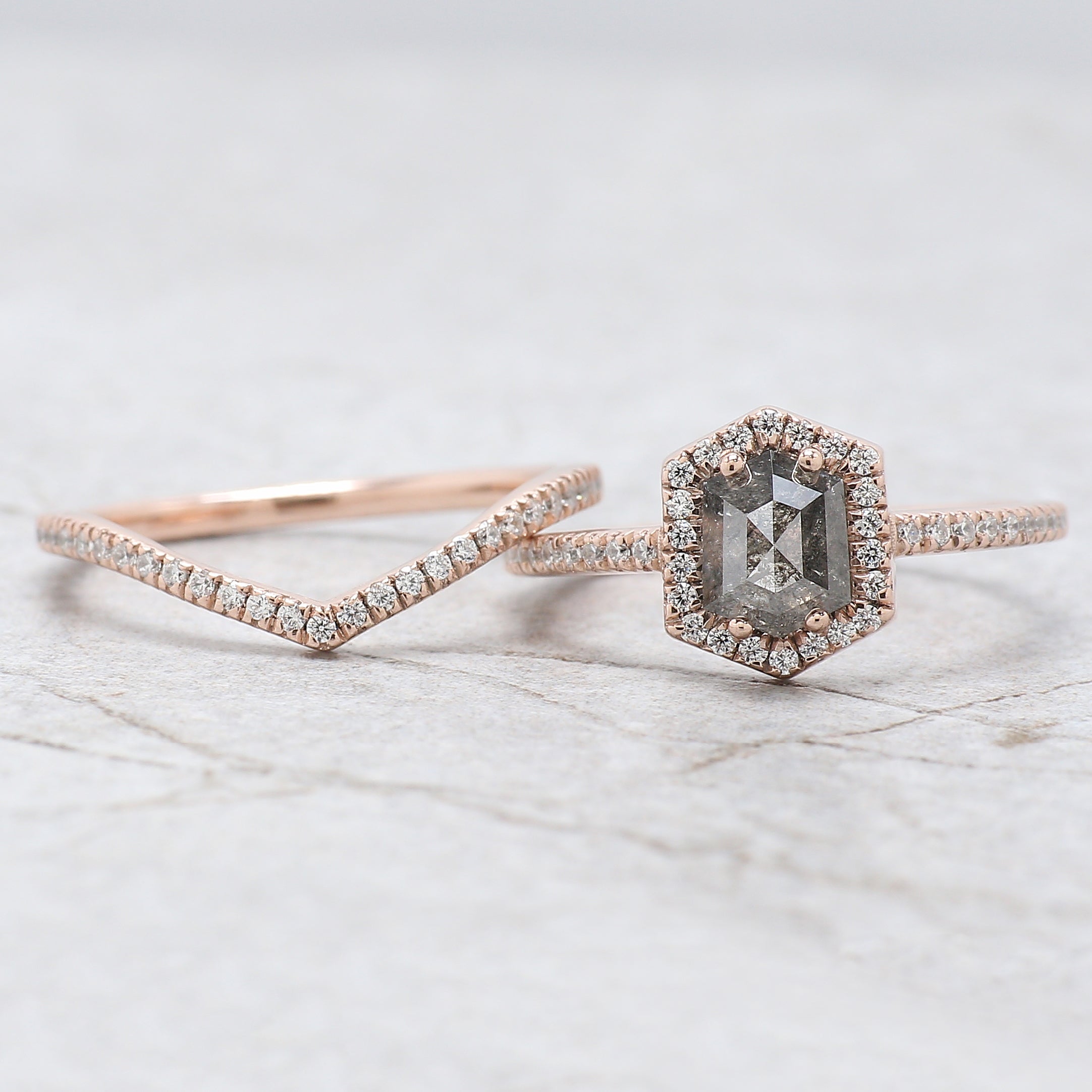 Hexagon Cut Salt And Pepper Diamond Ring 1.00 Ct 6.43 MM Hexagon Cut Diamond Ring 14K Rose Gold Silver Engagement Ring Gift For Her QL2077