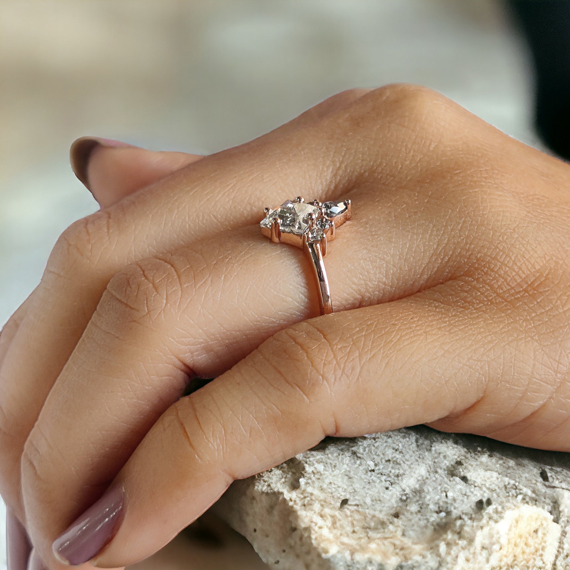 Kite Cut Salt And Pepper Diamond Ring 0.83 Ct 7.44 MM Kite Diamond Ring 14K Solid Rose Gold Silver Kite Engagement Ring Gift For Her QL2628