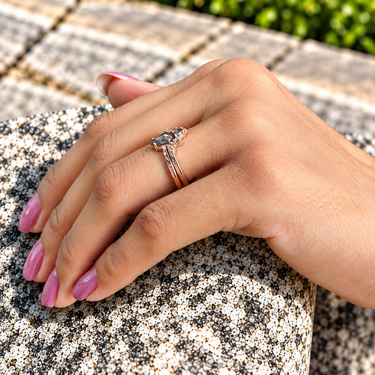 Pear Shape Salt and Pepper Diamond Ring, 14K Rose Gold Pear Cut Engagement Ring, Bridal Ring Set, Unique Diamond Ring Gift for Her KDN2625