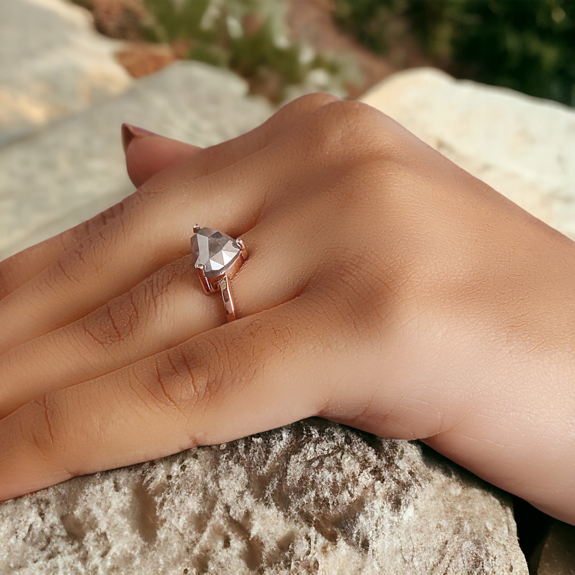 Heart Cut Salt And Pepper Diamond Ring 2.19 Ct 7.25 MM Heart Shape Diamond Ring 14K Solid Rose Gold Silver Engagement Ring Gift For Her QN9399