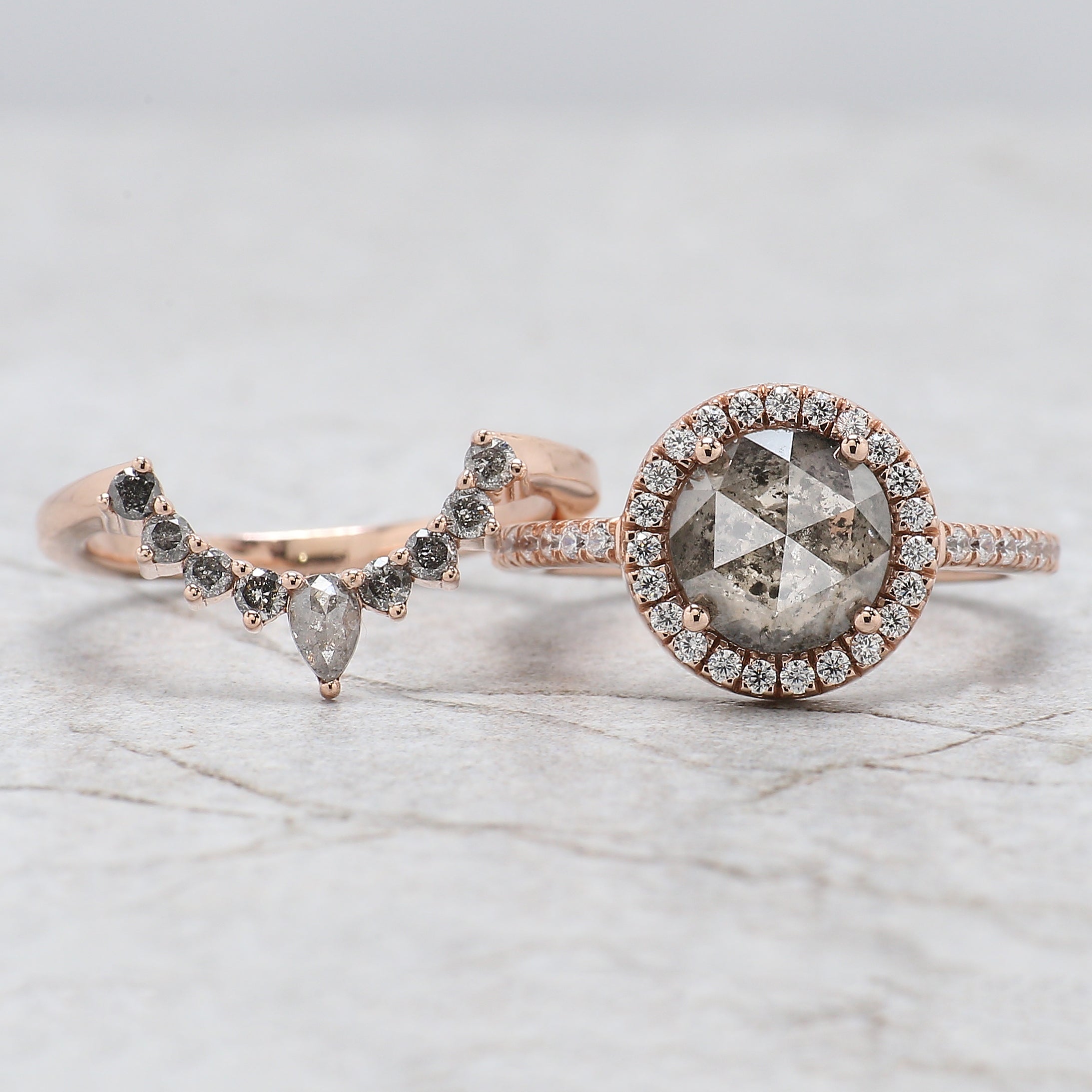 Round Rose Cut Salt And Pepper Diamond Ring 1.83 Ct 7.75 MM Round Rose Diamond Ring 14K Rose Gold Silver Engagement Ring Gift For Her QL2188