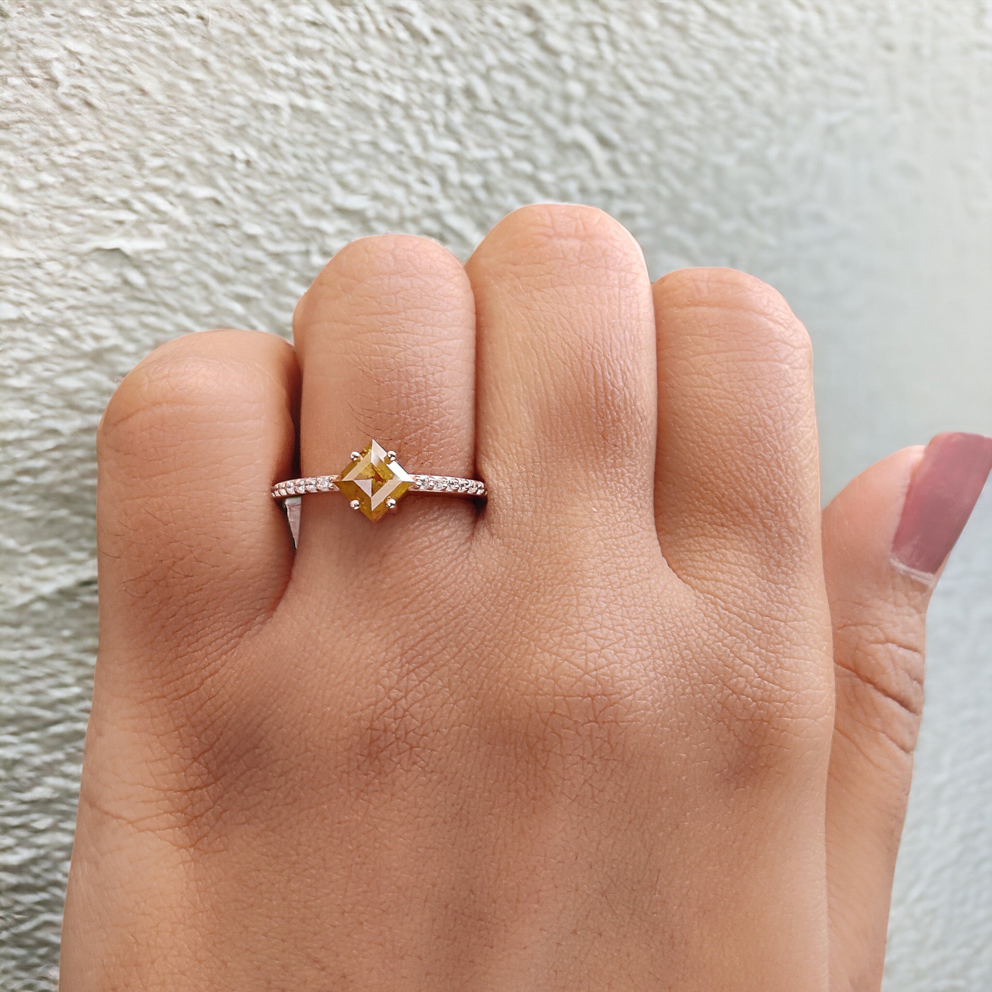 1.00 Ct Natural Kite Cut Yellow Color Diamond Ring 7.45 MM Kite Rose Cut Shape Diamond Ring 14K Solid Rose Gold Silver Engagement Ring QN634