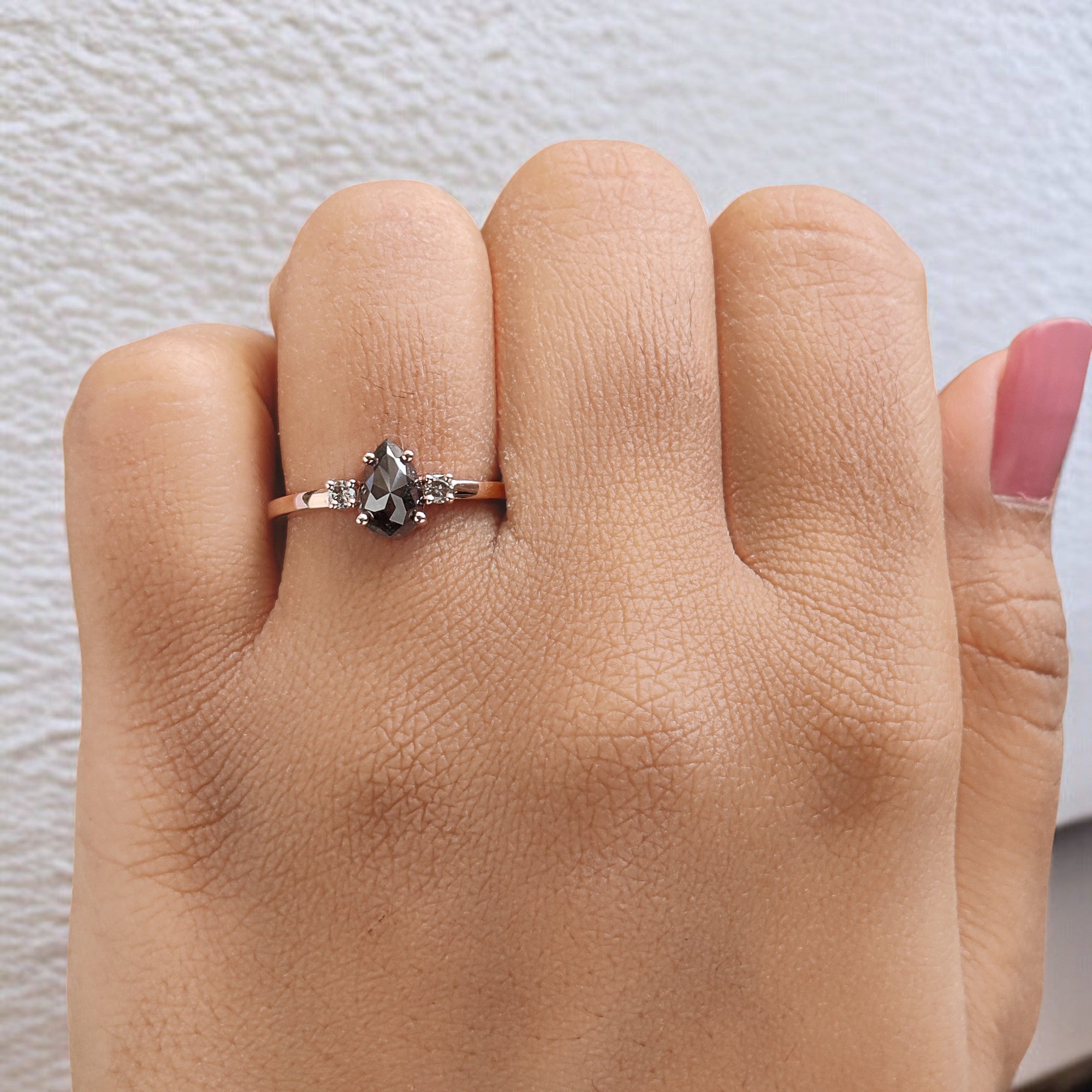 0.82 Ct Natural Pear Cut Salt And Pepper Diamond Ring 7.30 MM Pear Diamond Ring 14K Solid Rose Gold Silver Engagement Ring Pear Ring QL9907