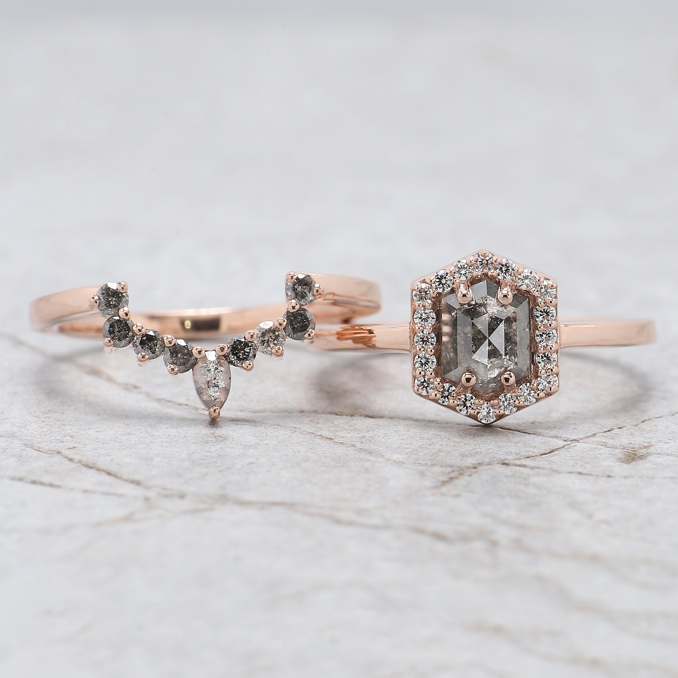 Hexagon Cut Salt And Pepper Diamond Ring 0.95 Ct 6.40 MM Hexagon Diamond Ring 14K Solid Rose Gold Silver Engagement Ring Gift For Her QN1448