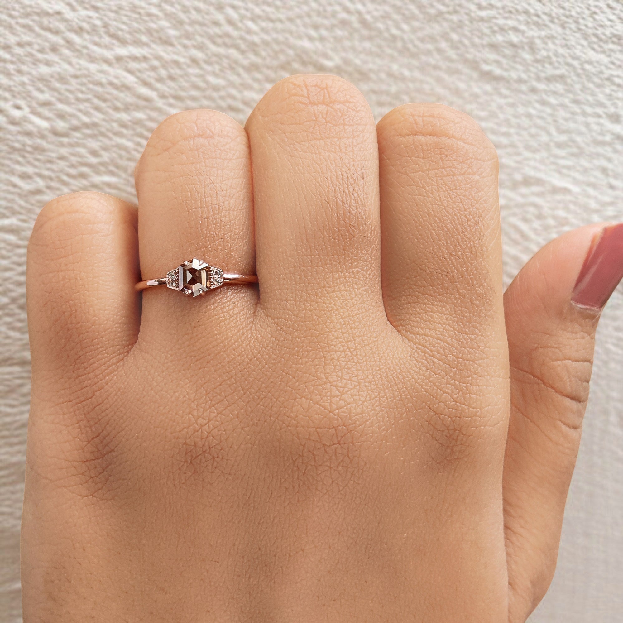 Hexagon Cut Brown Color Diamond Ring 0.51 Ct 5.20 MM Hexagon Diamond Ring 14K Solid Rose Gold Silver Engagement Ring Gift For Her QL655
