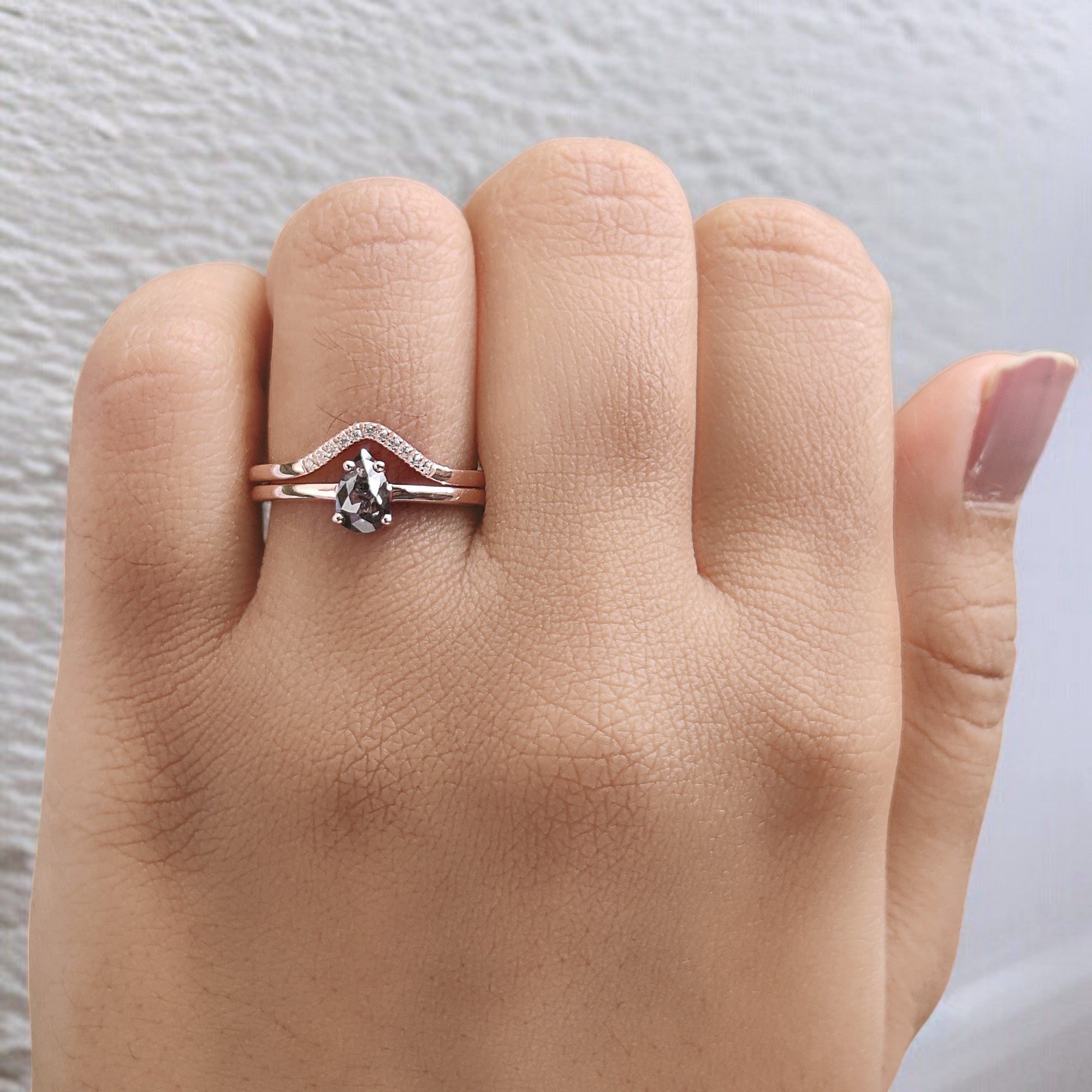 Pear Cut Salt And Pepper Diamond Ring 0.42 Ct 6.41 MM Pear Diamond Ring 14K Solid Rose Gold Silver Pear Engagement Ring Gift For Her QN2275