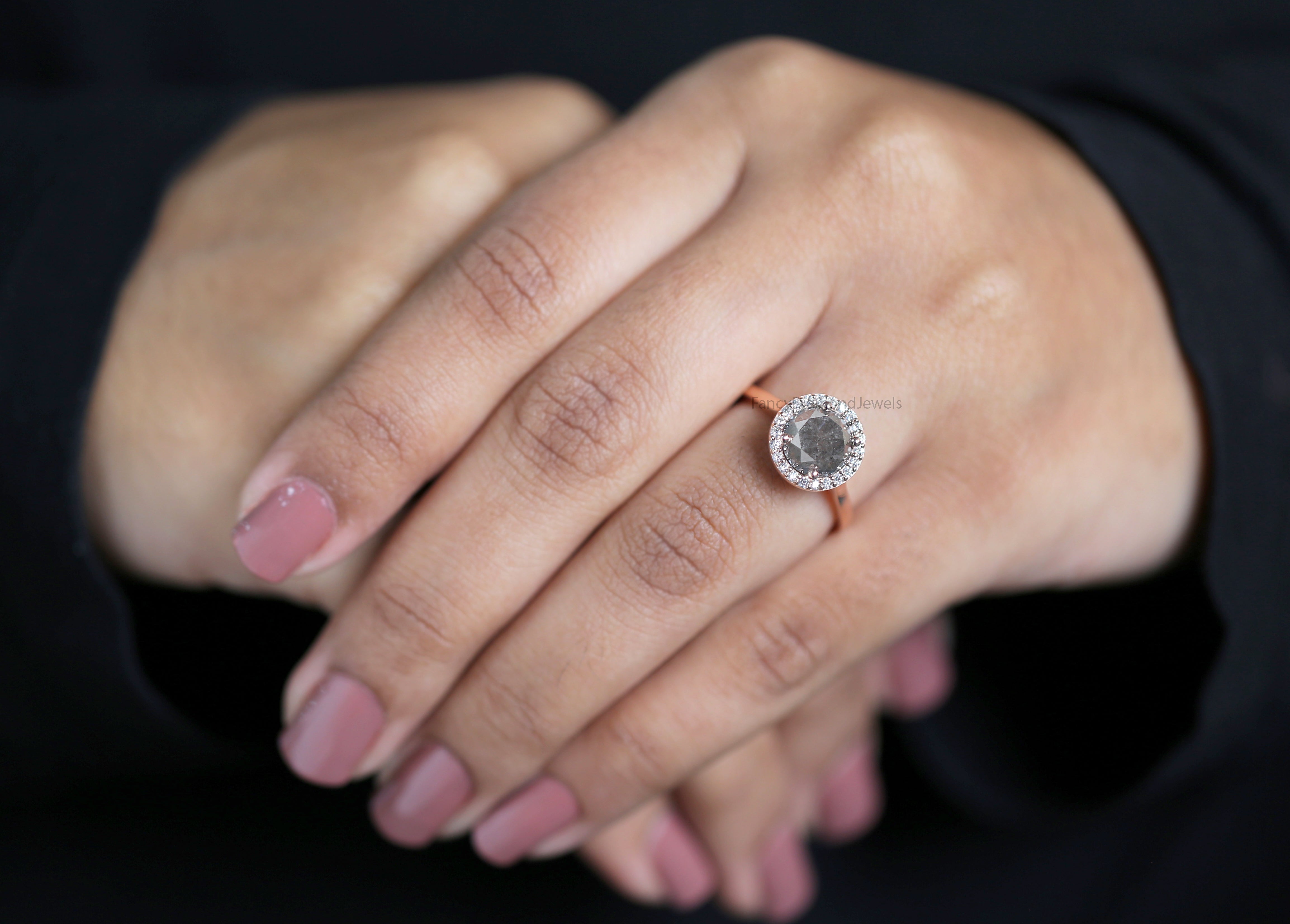 Round Cut Salt And Pepper Diamond Ring 2.68 Ct 7.80 MM Round Diamond Ring 14K Solid Rose Gold Silver Engagement Ring Gift For Her QK1989