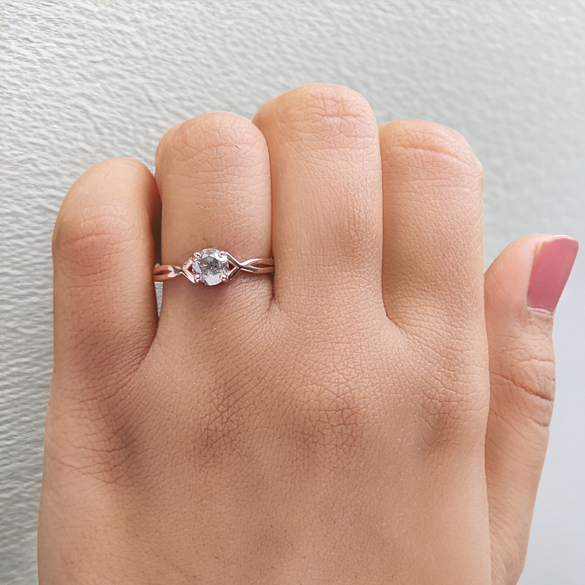 Round Cut Salt And Pepper Diamond Ring 0.66 Ct 5.30 MM Round Diamond Ring 14K Solid Rose Gold Silver Engagement Ring Gift For Her QN1078