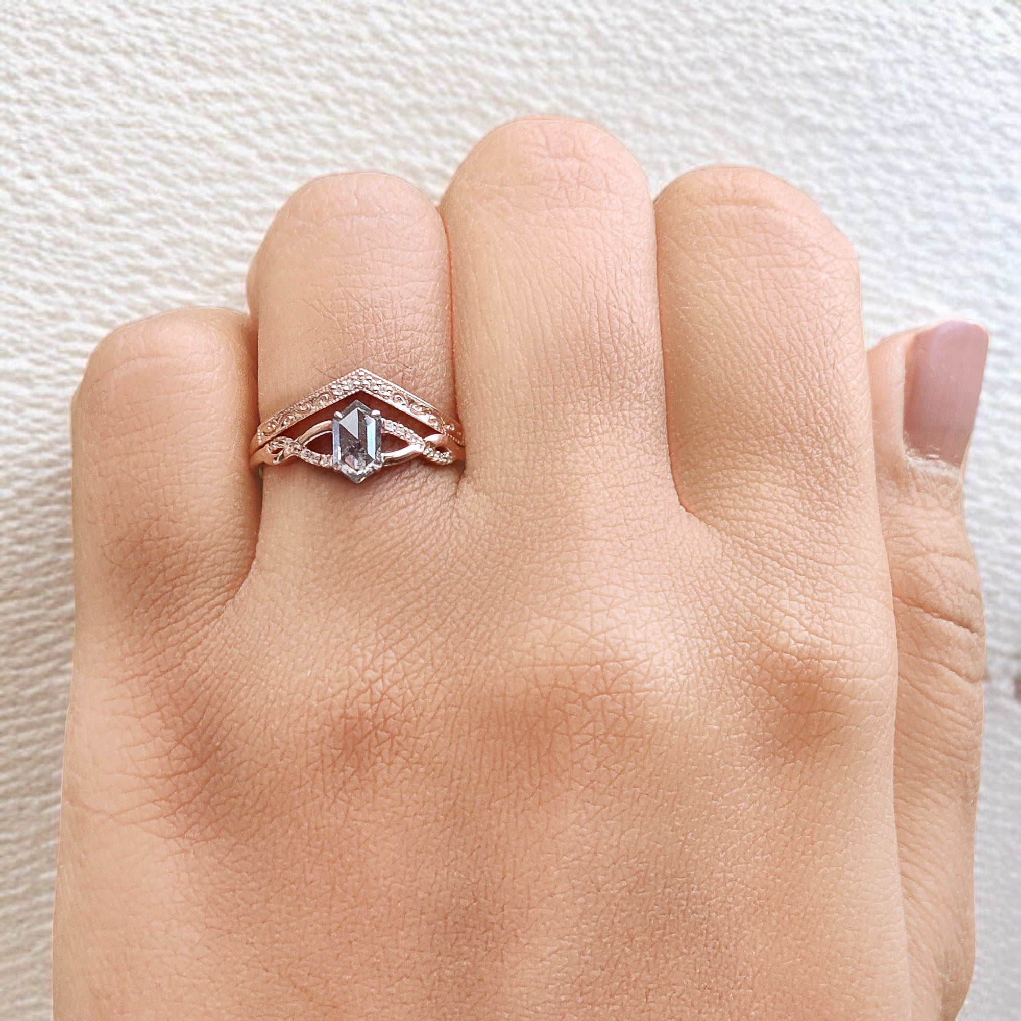 Hexagon Cut Salt And Pepper Diamond Ring 0.46 Ct 6.74 MM Hexagon Diamond Ring 14K Solid Rose Gold Silver Engagement Ring Gift For Her QN2139