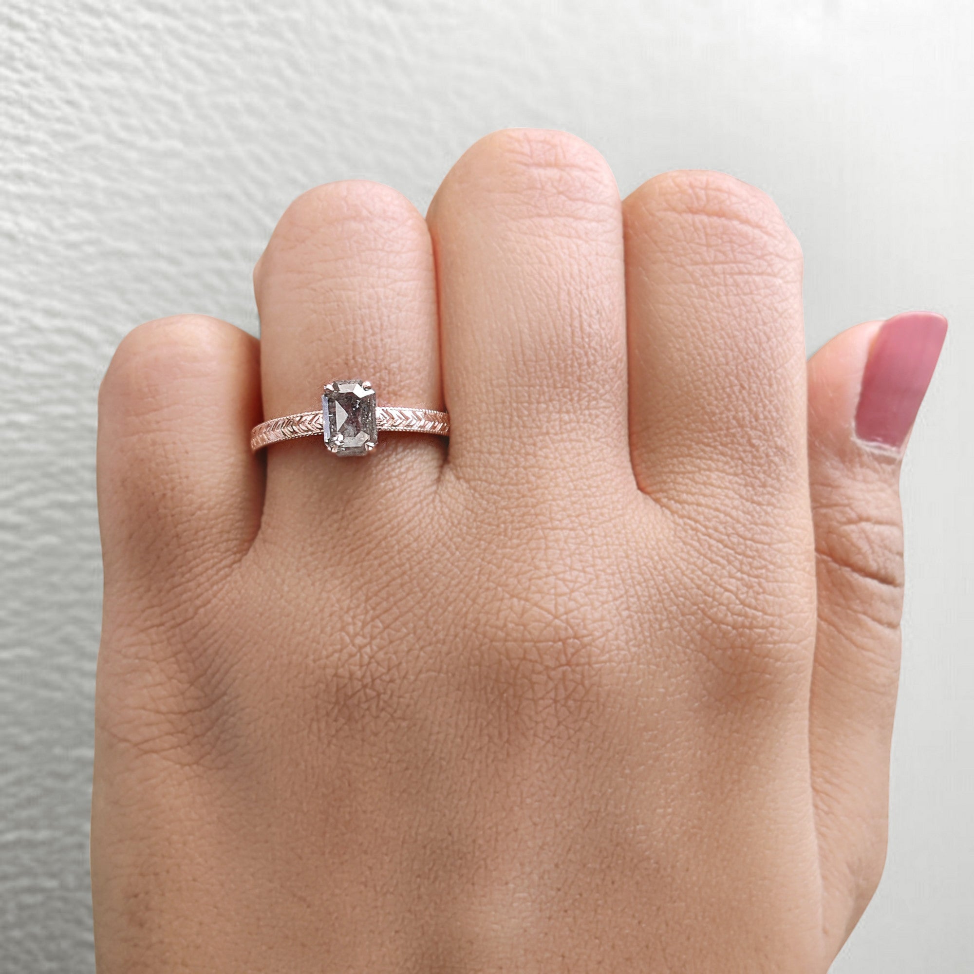 Emerald Salt And Pepper Diamond Ring 1.20 Ct 6.74 MM Emerald Diamond Ring 14K Solid Rose Gold Silver Engagement Ring Gift For Her QL9570