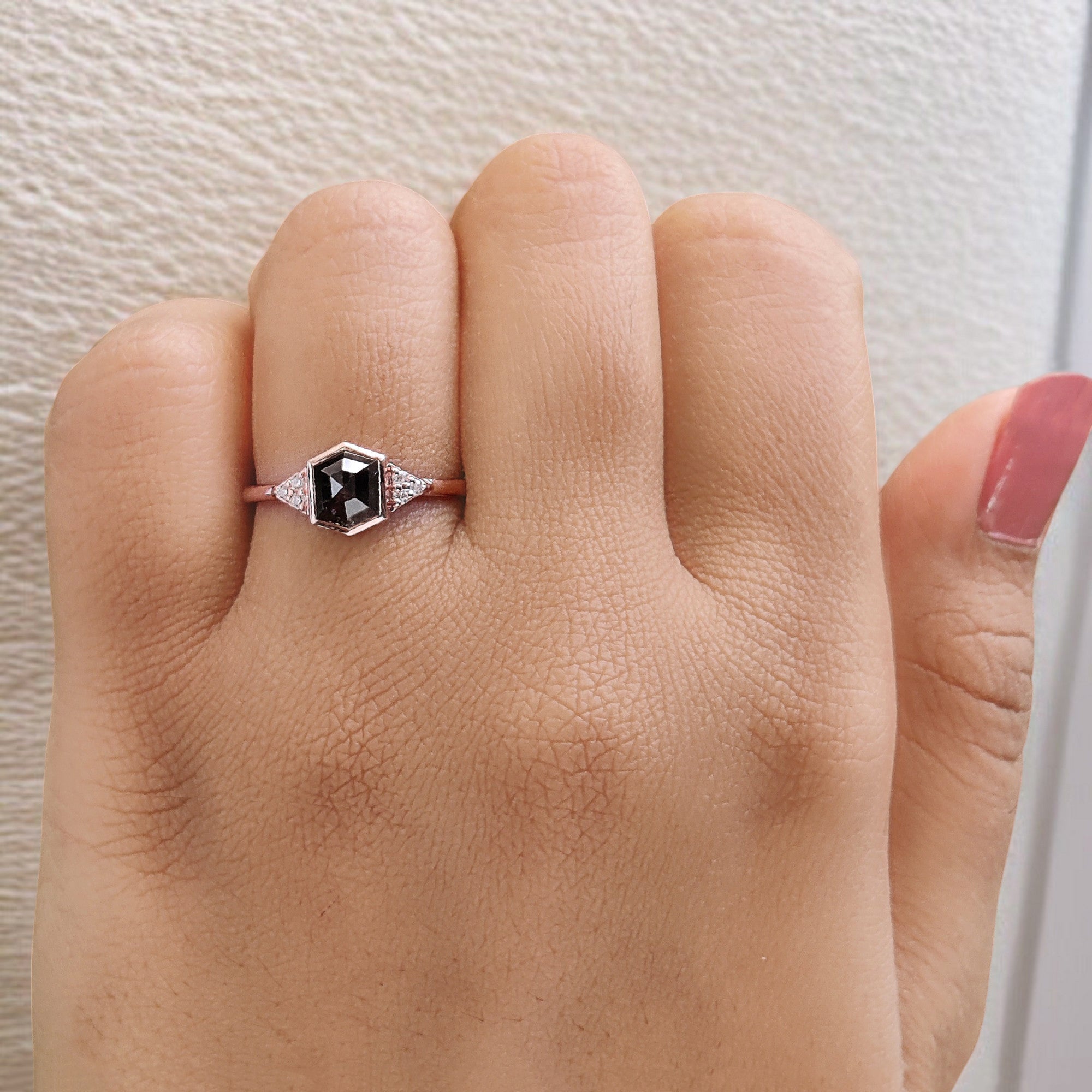 Hexagon Salt And Pepper Diamond Ring 0.89 Ct 6.37 MM Hexagon Cut Diamond Ring 14K Solid Rose Gold Silver Engagement Ring Gift For Her QL2163