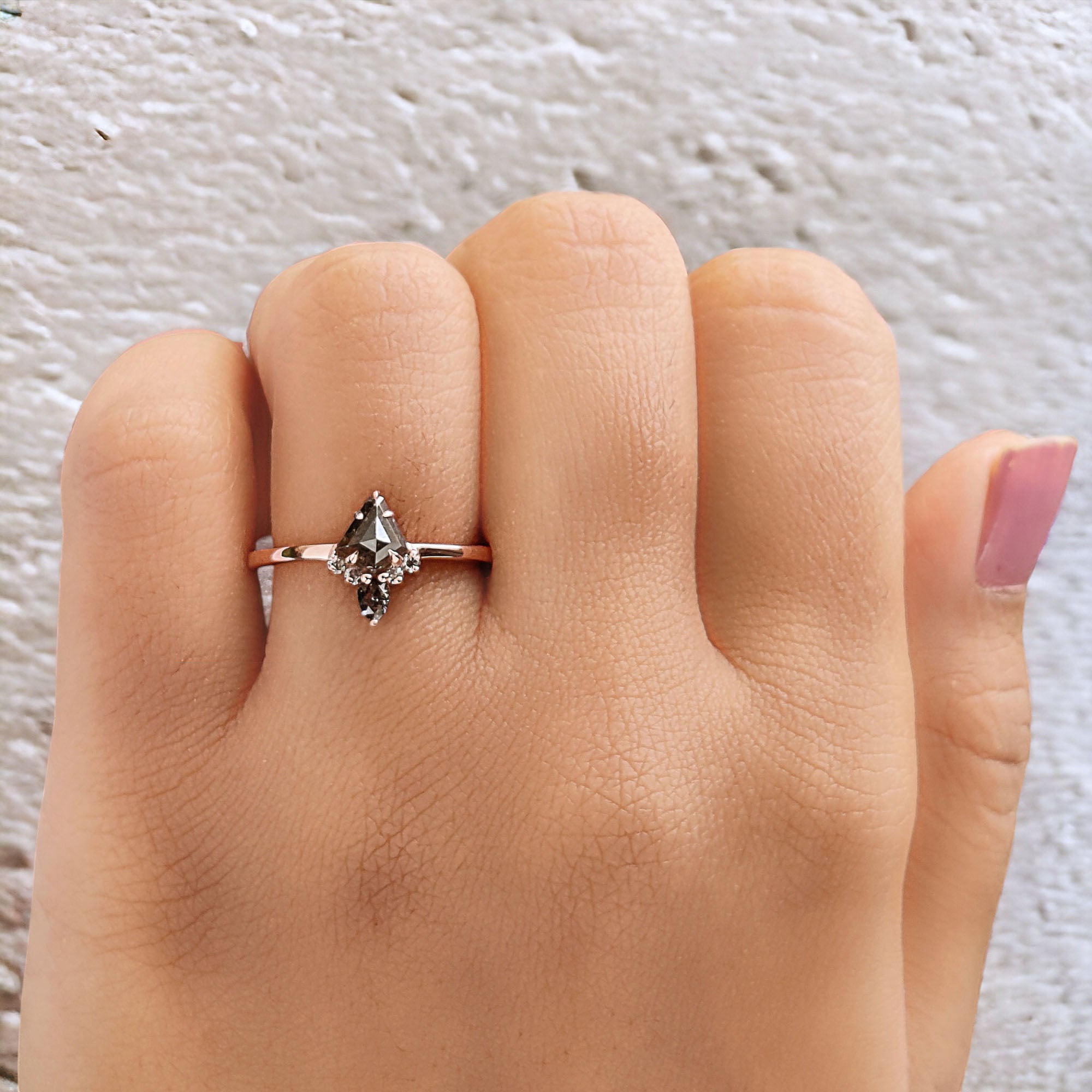 Kite Cut Salt And Pepper Diamond Ring 0.53 Ct 5.95 MM Kite Diamond Ring 14K Solid Rose Gold Silver Kite Engagement Ring Gift For Her QL8812