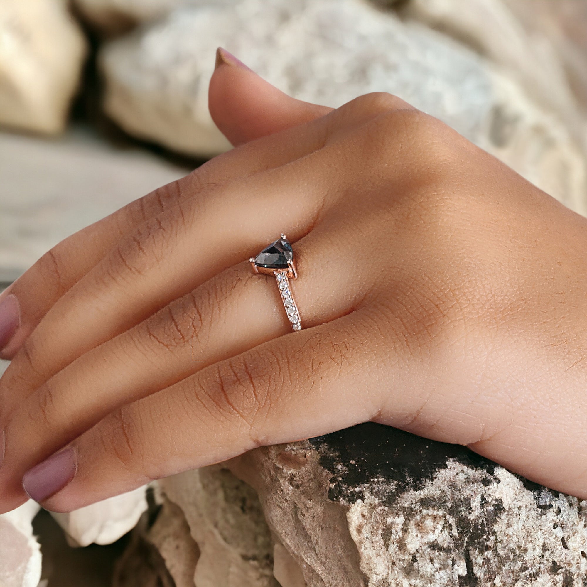 Triangle Cut Blue Color Diamond Ring 1.02 Ct 6.50 MM Triangle Shape Diamond Ring 14K Solid Rose Gold Silver Engagement Ring Gift For Her QN9474