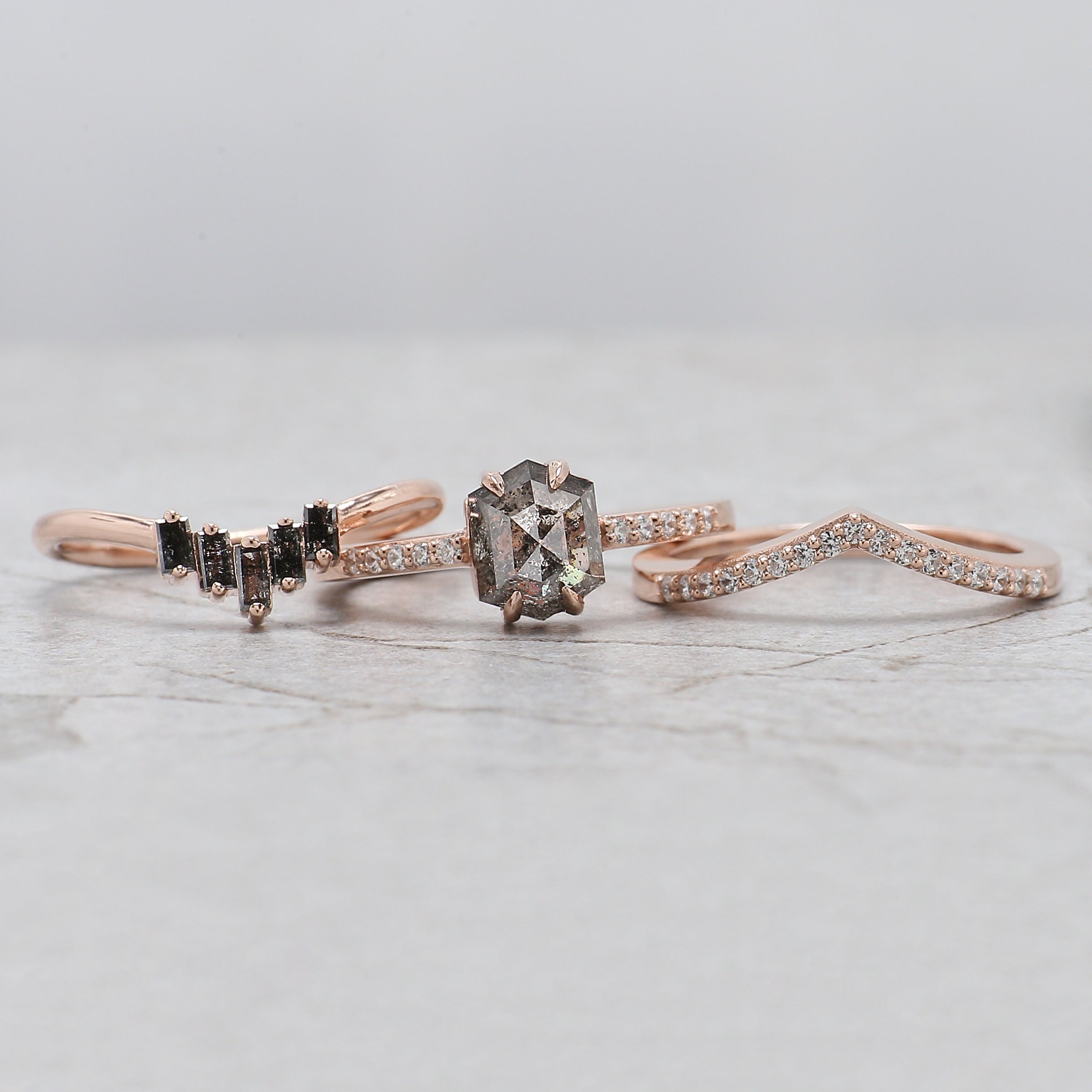 Hexagon Salt And Pepper Diamond Ring 1.41 Ct 7.50 MM Hexagon Cut Diamond Ring 14K Solid Rose Gold Silver Engagement Ring Gift For Her QL1262