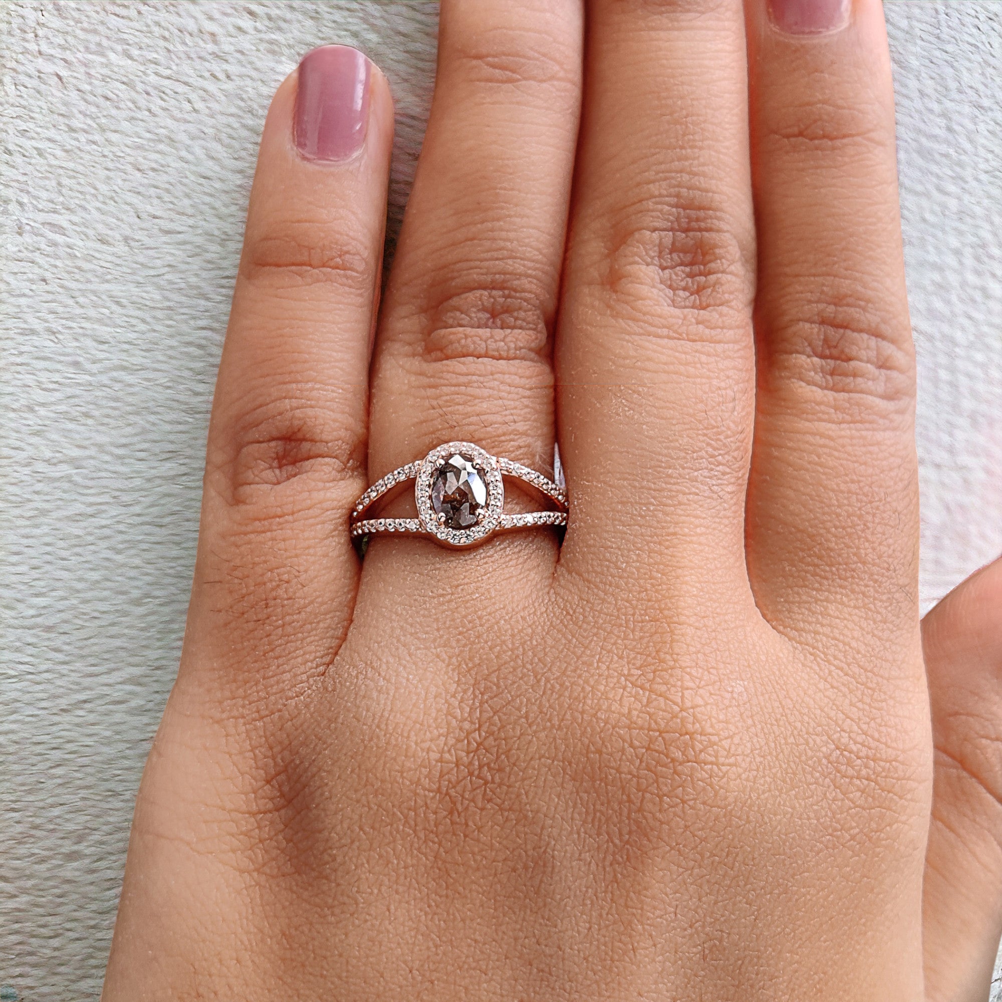 Oval Cut Brown Color Diamond Ring 0.55 Ct 6.40 MM Oval Diamond Ring 14K Solid Rose Gold Silver Oval Engagement Ring Gift For Her QK2220