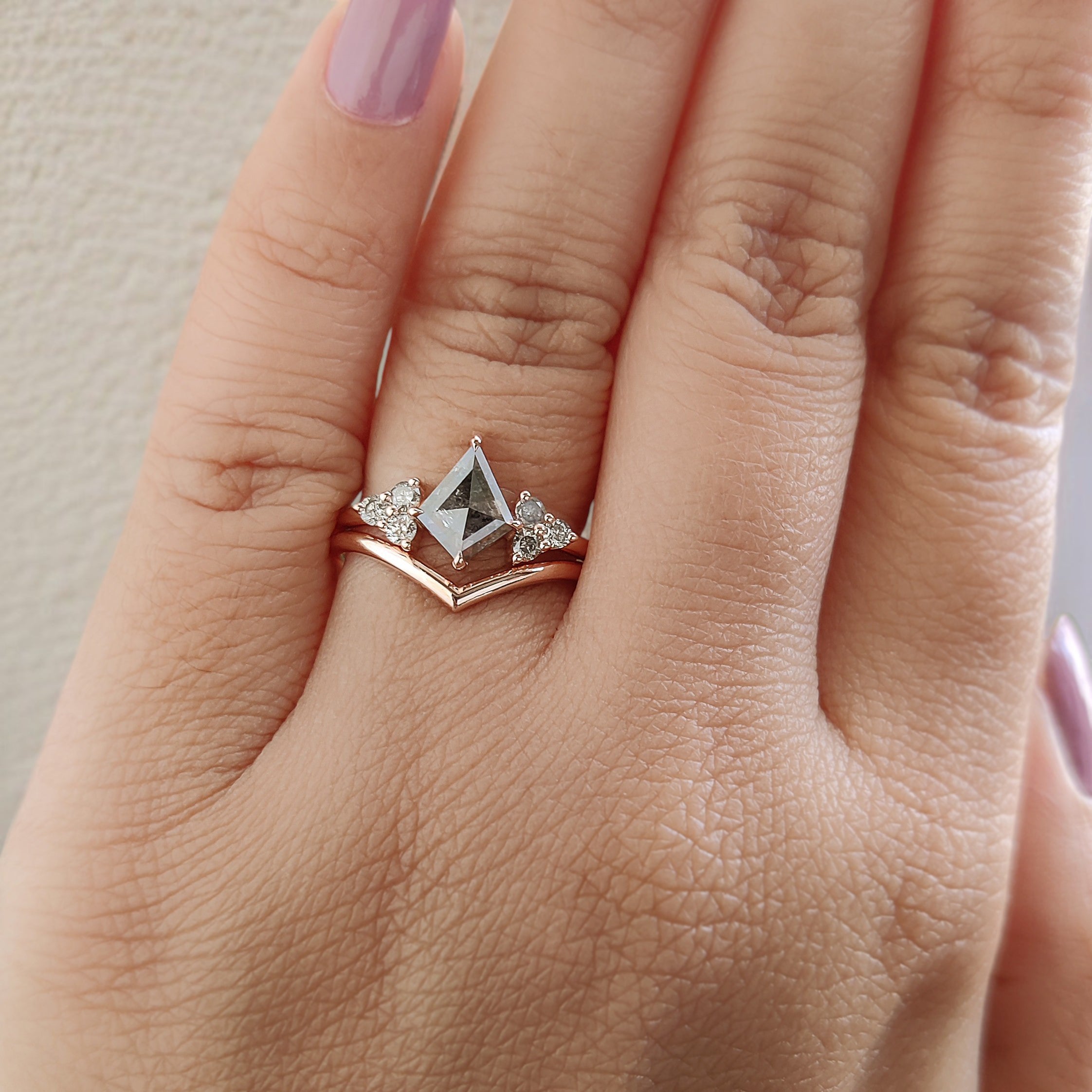 Kite Cut Salt And Pepper Diamond Ring 0.53 CT 8.15 MM Kite Diamond Wedding Ring Set RoseGold Silver Engagement Ring Gift For Her KDL3392