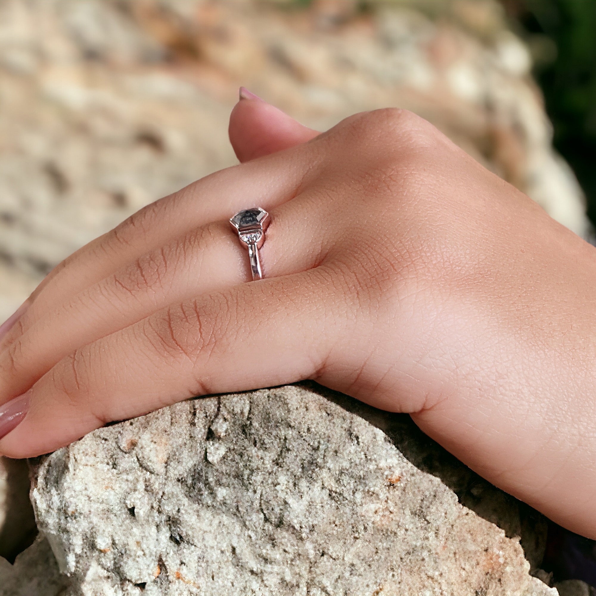 Hexagon Cut Salt And Pepper Diamond Ring 0.58 Ct 5.70 MM Hexagon Diamond Ring 14K Solid Rose Gold Silver Engagement Ring Gift For Her QN1564