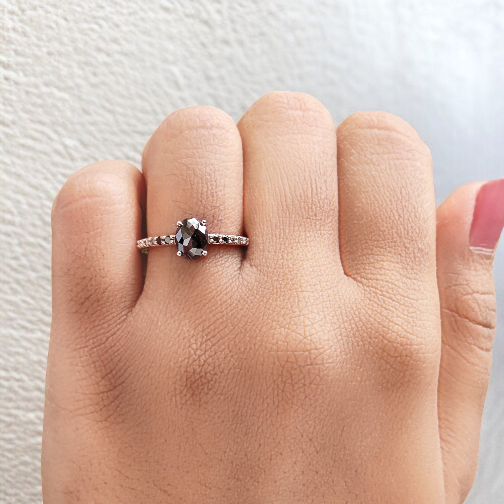 1.07 Ct Natural Oval Shape Salt And Pepper Diamond Ring 7.15 MM Oval Cut Diamond Ring 14K Solid Rose Gold Silver Engagement Ring QN404