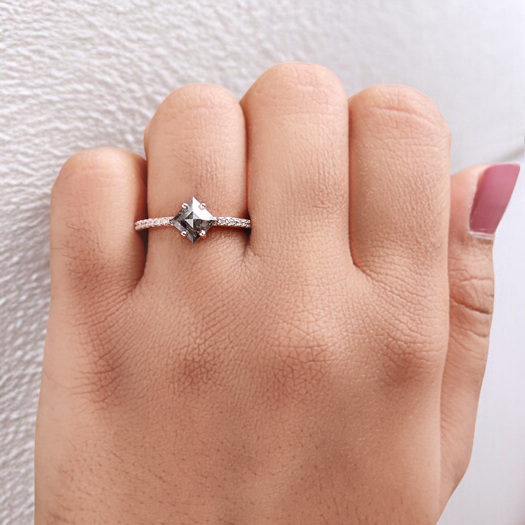 Kite Cut Salt And Pepper Diamond Ring 0.98 Ct 7.70 MM Kite Diamond Ring 14K Solid Rose Gold Silver Kite Engagement Ring Gift For Her QL9339