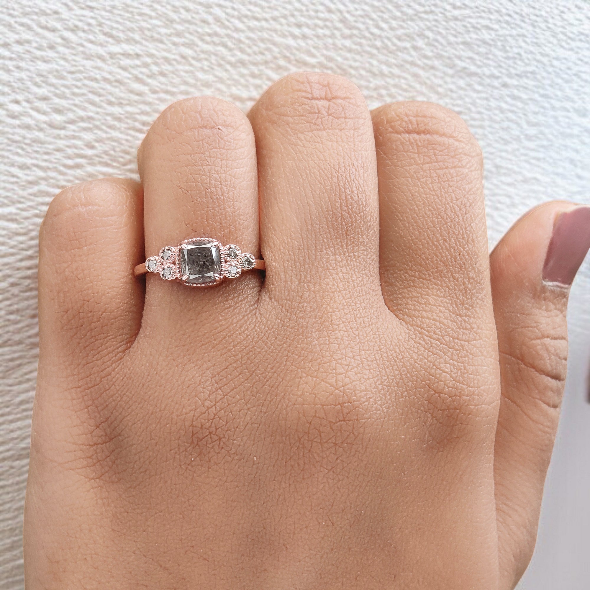 Cushion Cut Salt And Pepper Diamond Ring 0.95 Ct 5.60 MM Cushion Diamond Ring 14K Solid Rose Gold Silver Engagement Ring Gift For Her QN794