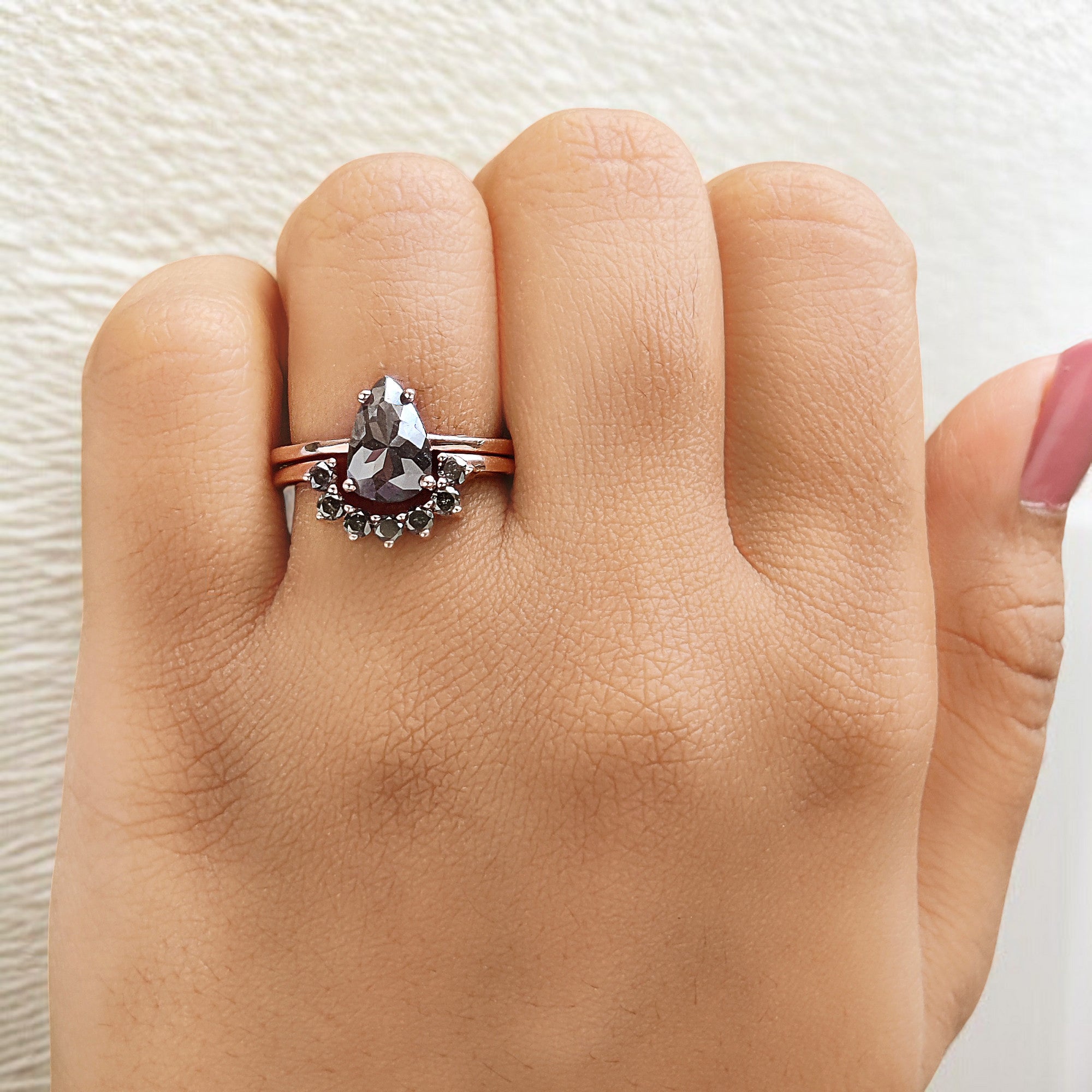 1.37 Ct Natural Pear Cut Salt And Pepper Diamond Ring 9.60 MM Pear Diamond Ring 14K Solid Rose Gold Silver Engagement Ring Pear Ring QL1577