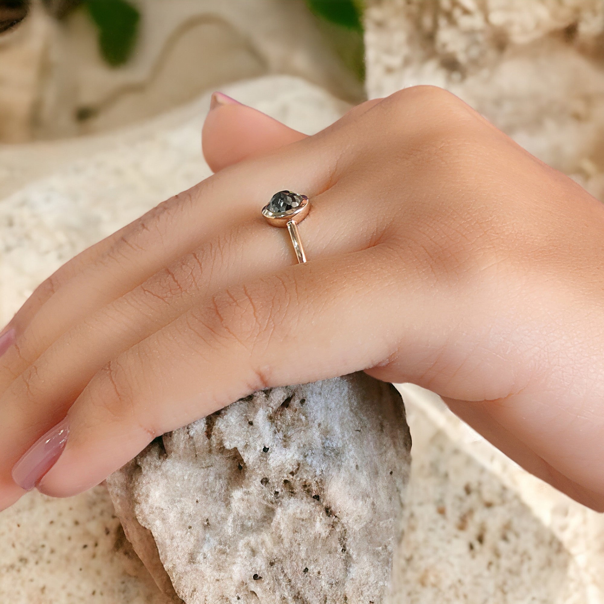 Round Rose Cut Salt And Pepper Diamond Ring 0.90 Ct 5.60 MM Round Shape Diamond Ring 14K Rose Gold Silver Engagement Ring Gift For Her QN8896