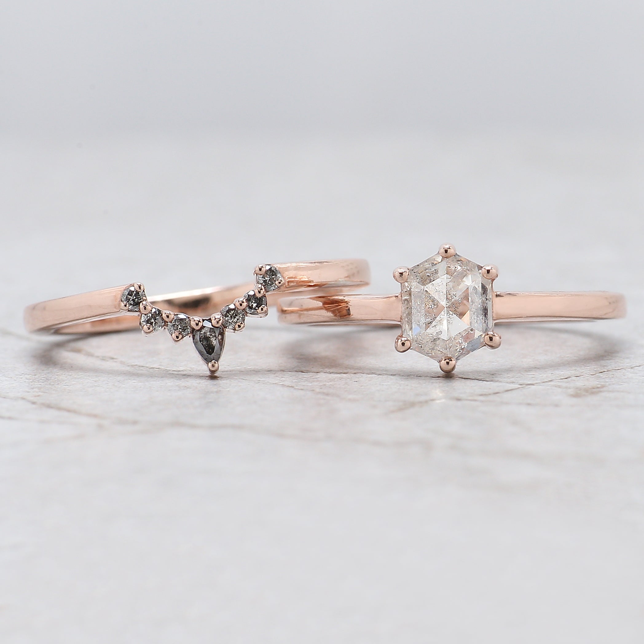Hexagon Cut Salt And Pepper Diamond Ring 1.08 Ct 6.67 MM Hexagon Cut Diamond Ring 14K Rose Gold Silver Engagement Ring Gift For Her QL2576