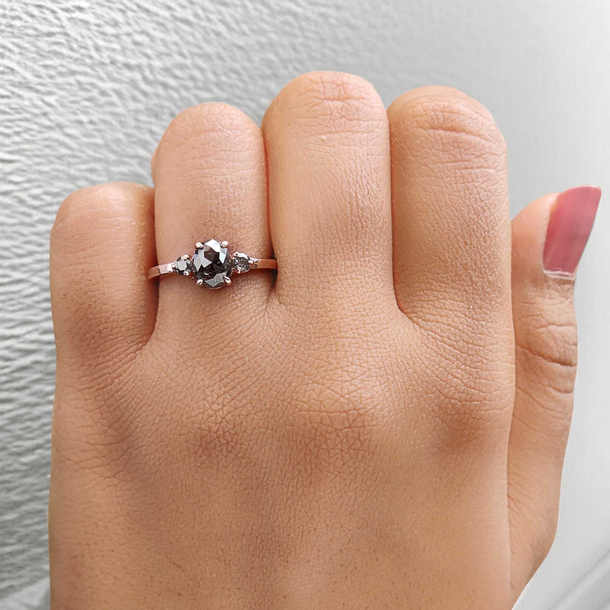 Oval Cut Salt And Pepper Diamond Ring 0.95 Ct 6.80 MM Oval Diamond Ring 14K Solid Rose Gold Silver Oval Engagement Ring Gift For Her QL1544