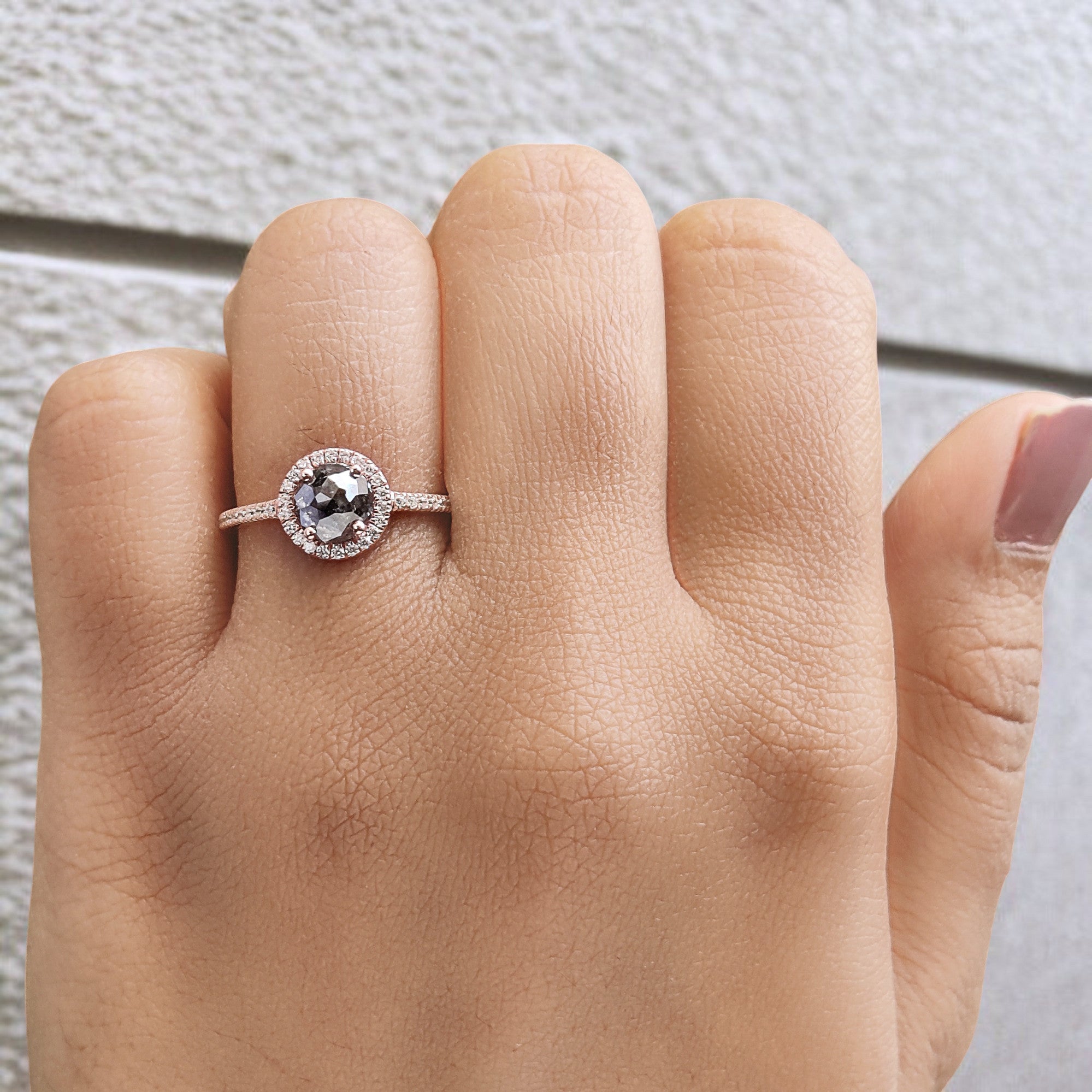 Round Rose Cut Salt And Pepper Diamond Ring 0.96 Ct 6.00 MM Round Diamond Ring 14K Rose Gold Silver Engagement Ring Gift For Her QN1216