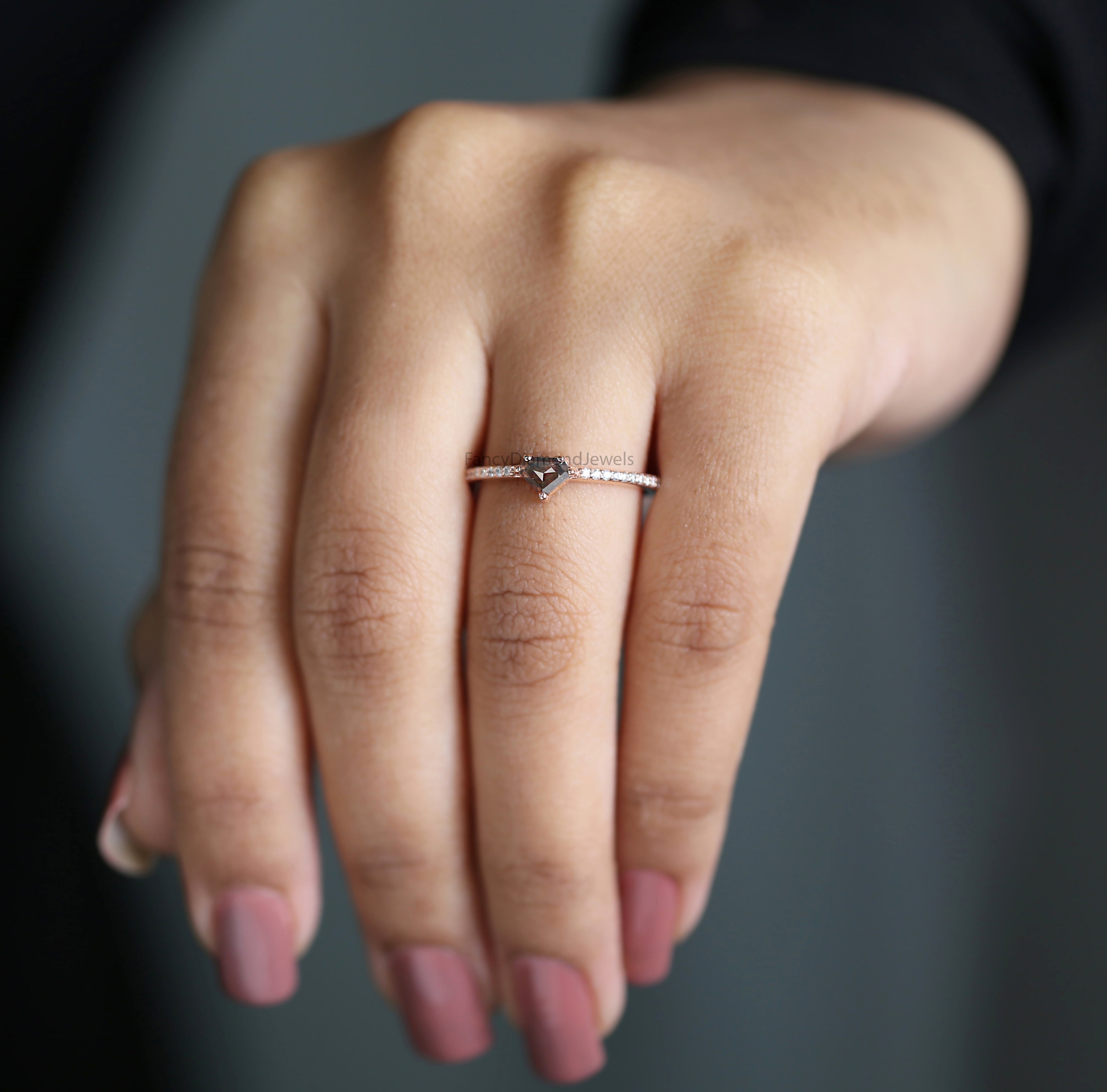 Shield Cut Salt And Pepper Diamond Ring 0.27 Ct 4.30 MM Pear Diamond Ring 14K Solid Rose Gold Shield Engagement Ring Gift For Her KD1174