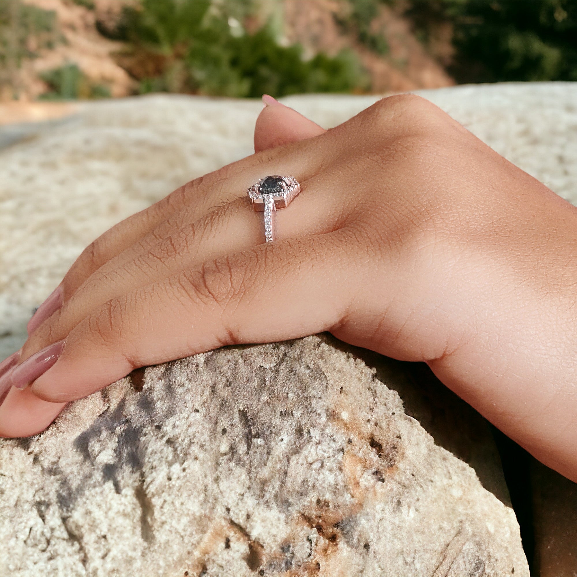 0.57 Ct Natural Hexagon Salt And Pepper Diamond Ring 5.40 MM Hexagon Shape Diamond Ring 14K Solid Rose Gold Silver Engagement Ring QN747