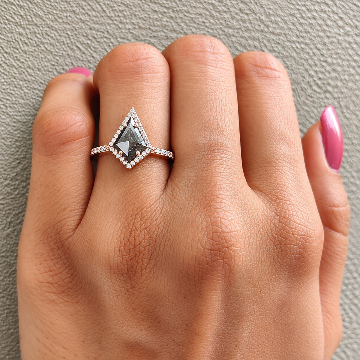 Kite Shape Salt and Pepper Diamond Engagement Ring, 14K Rose Gold Ring, Unique Geometric Diamond Ring, Minimalist Fine Jewelry Gift KDL3408